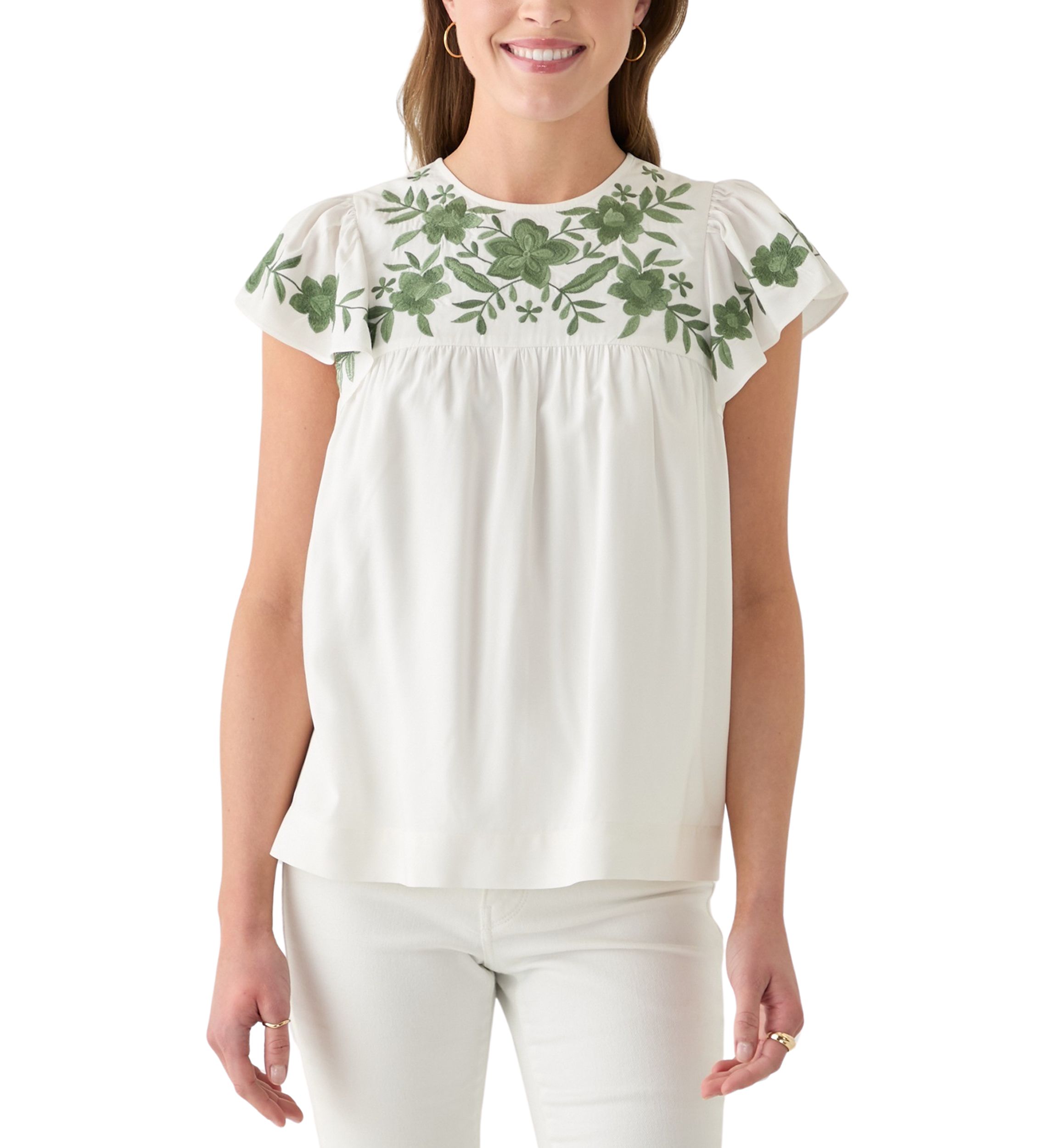 Womens Short Flutter Sleeve Embroidered Top