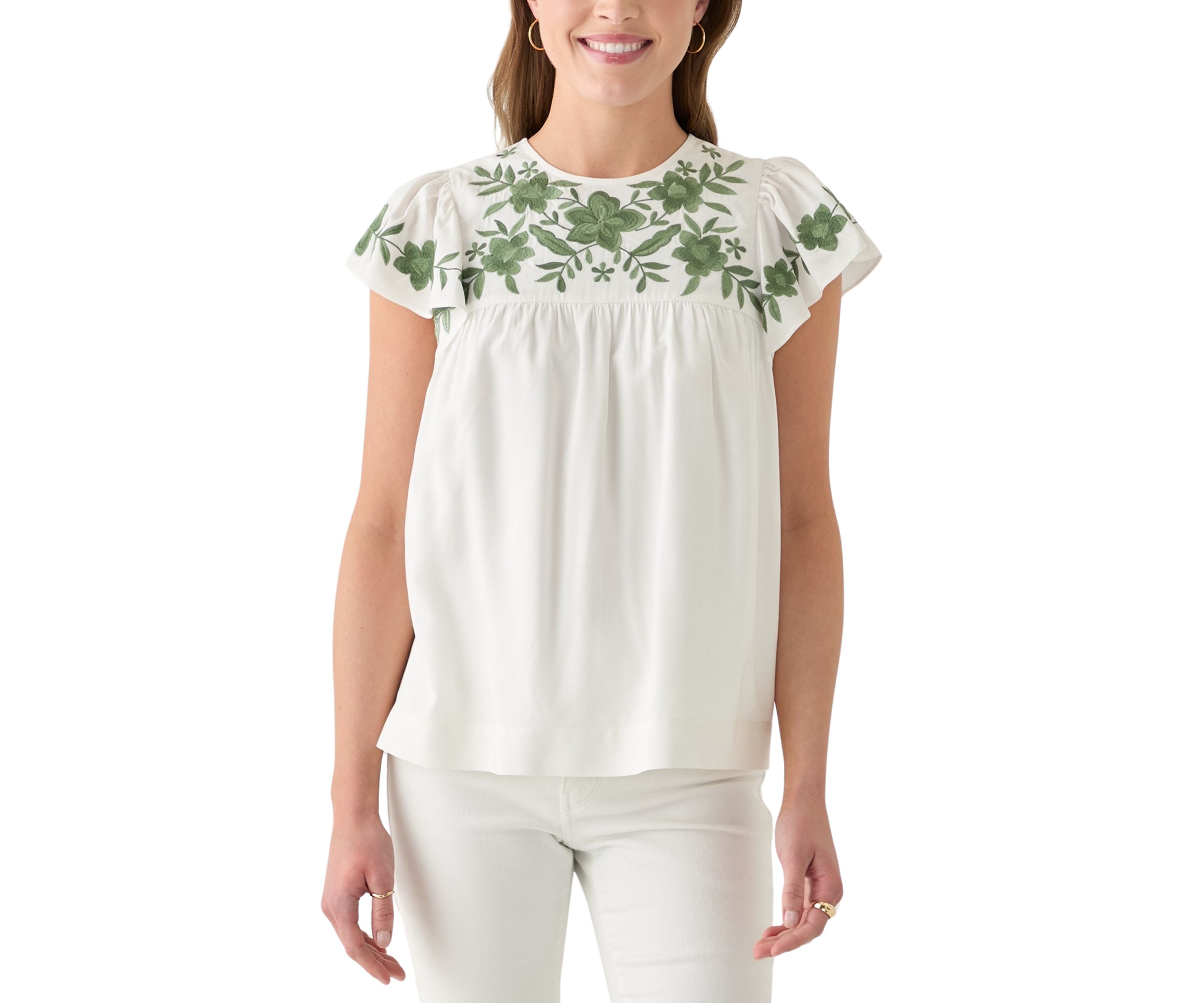 Womens Short Flutter Sleeve Embroidered Top