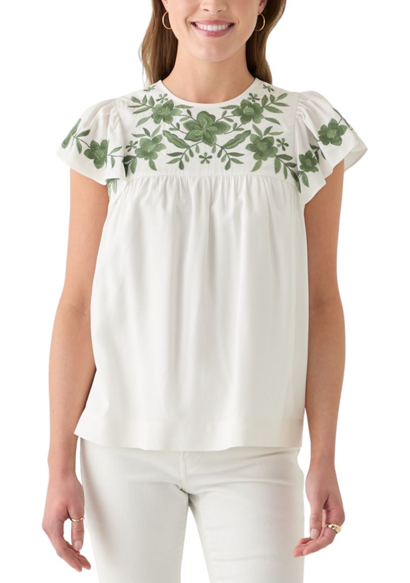 Womens Short Flutter Sleeve Embroidered Top