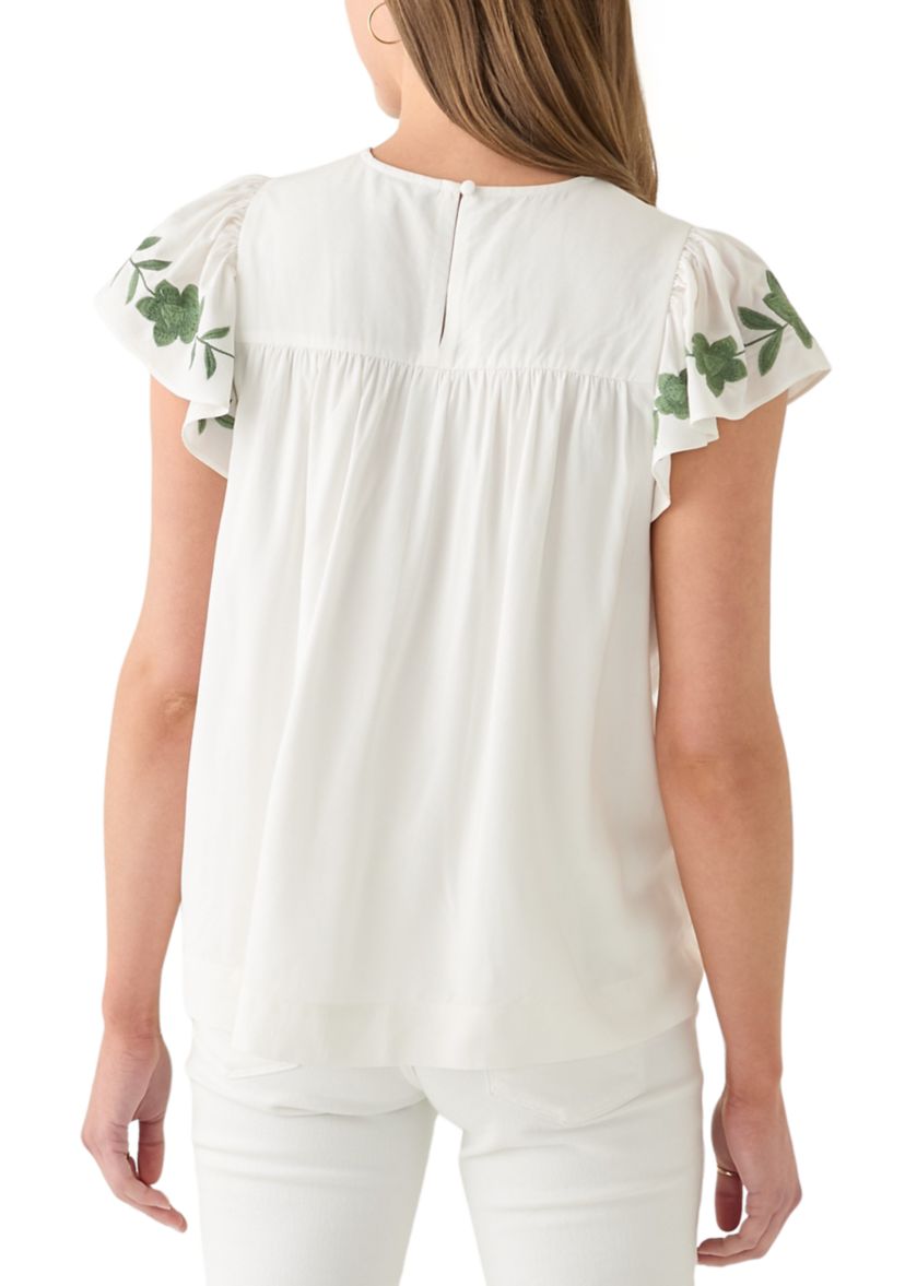 Womens Short Flutter Sleeve Embroidered Top