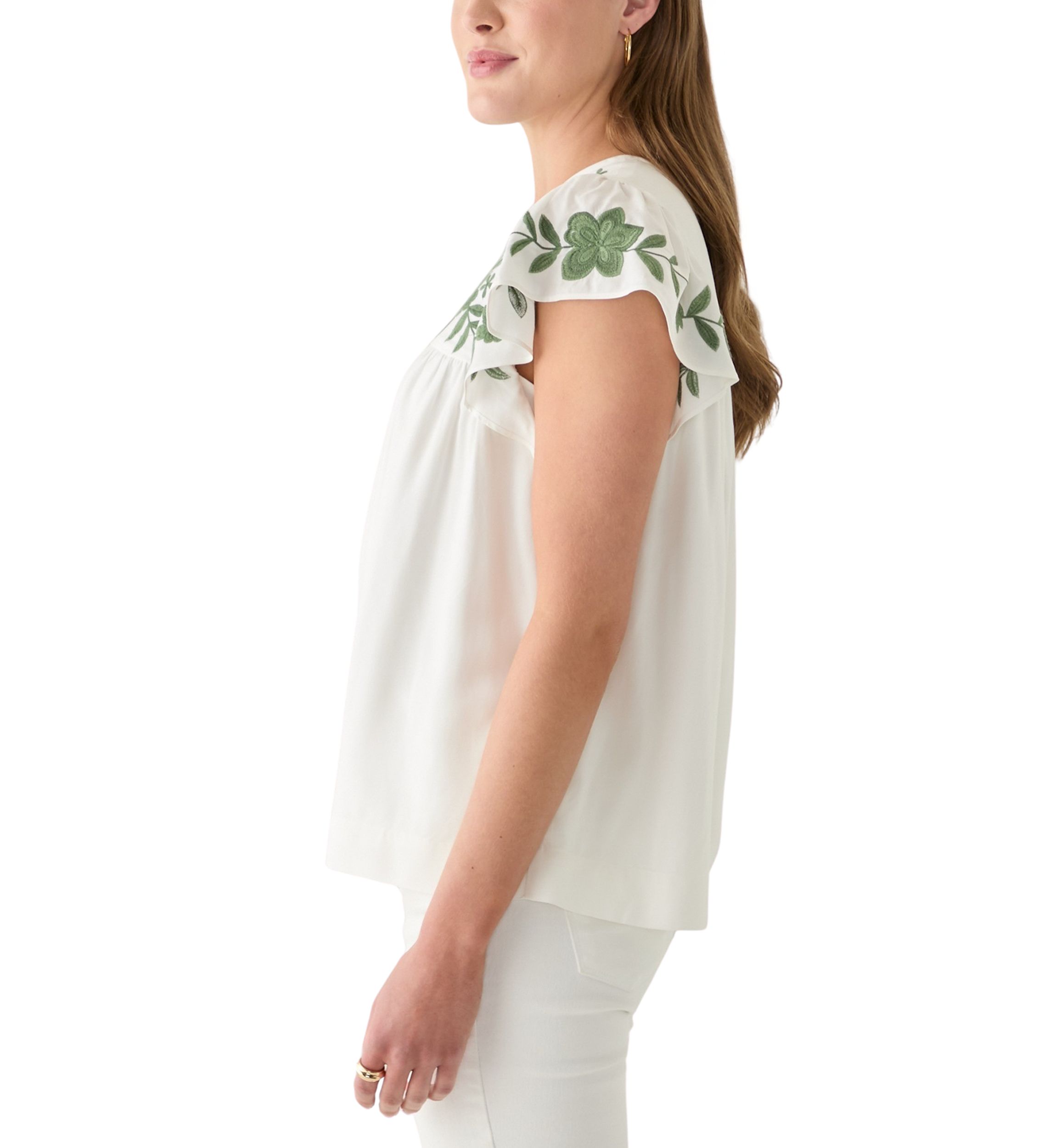 Womens Short Flutter Sleeve Embroidered Top