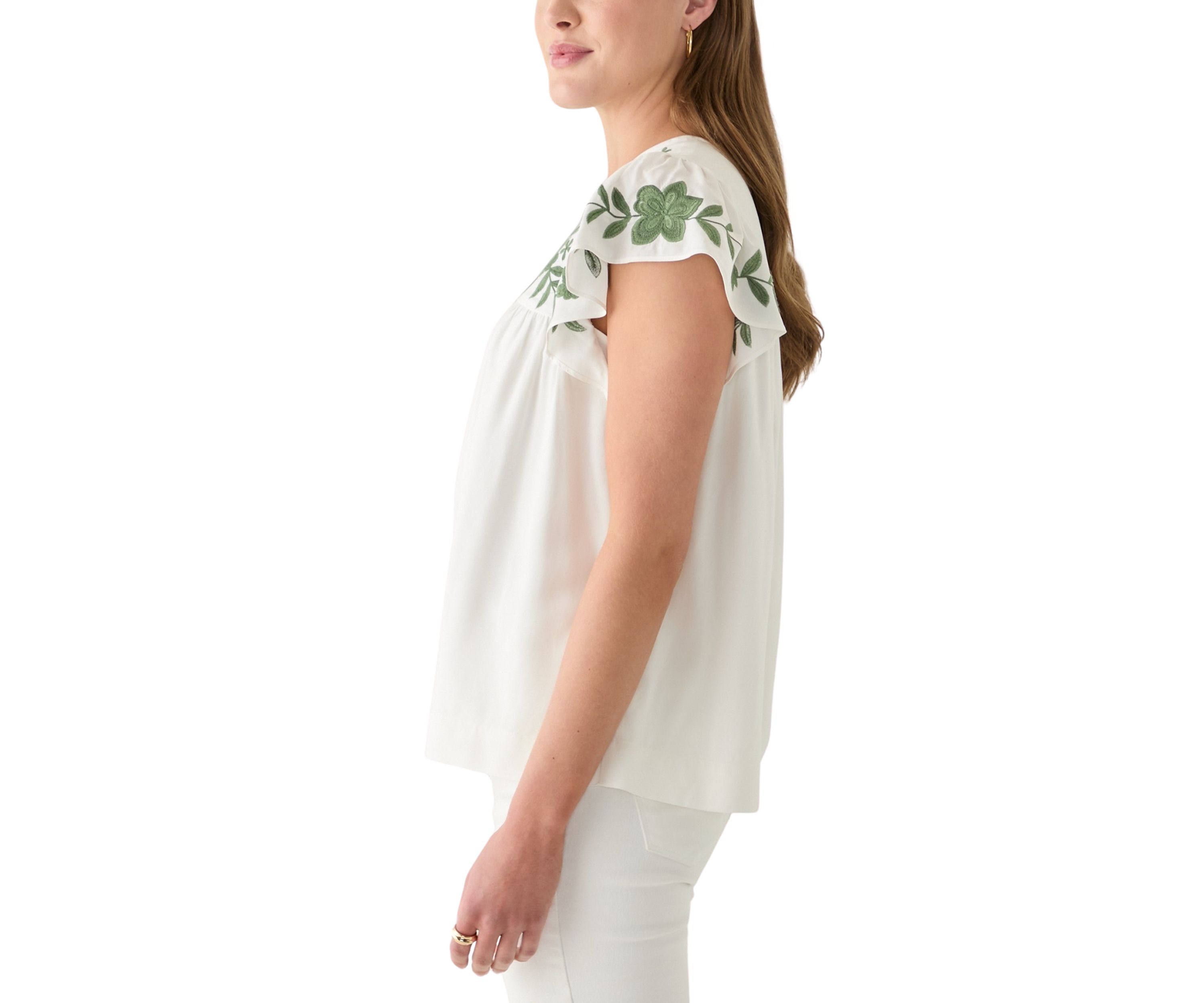 Womens Short Flutter Sleeve Embroidered Top
