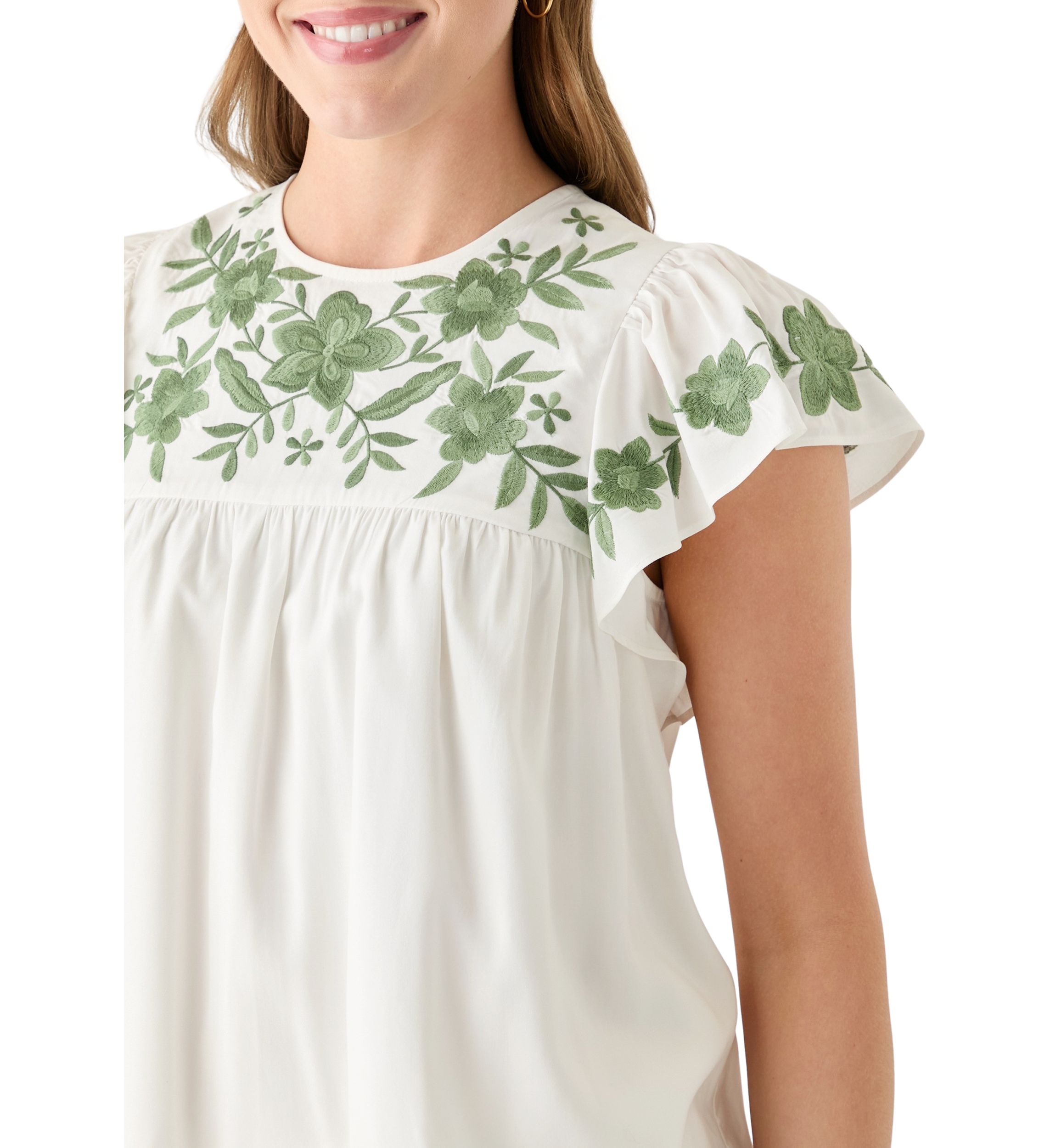 Womens Short Flutter Sleeve Embroidered Top