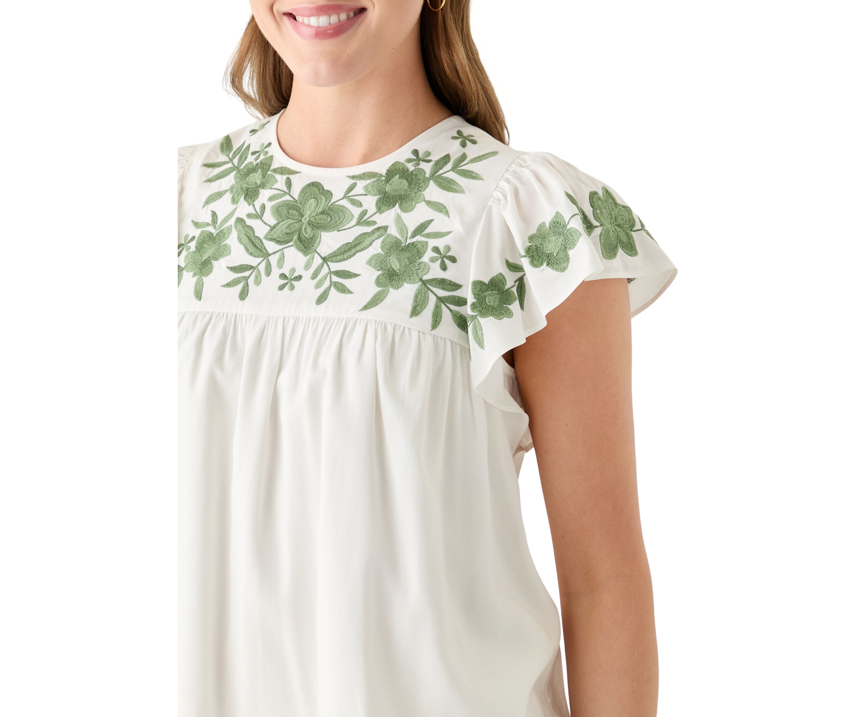 Womens Short Flutter Sleeve Embroidered Top
