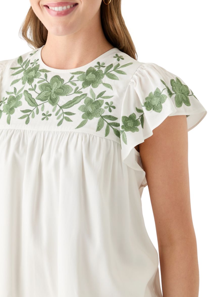 Womens Short Flutter Sleeve Embroidered Top