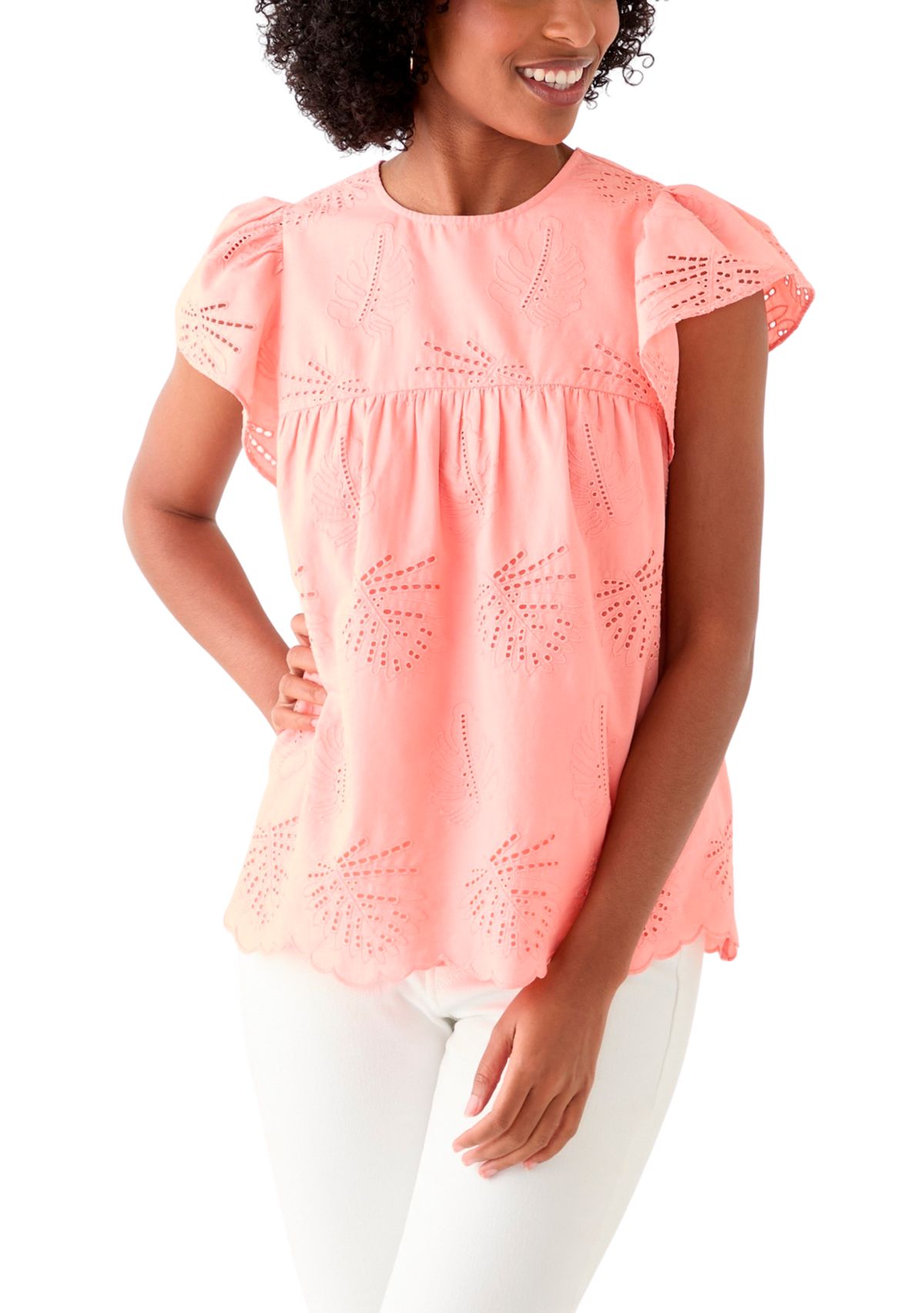 Womens Short Flutter Sleeve Embroidered Eyelet Top