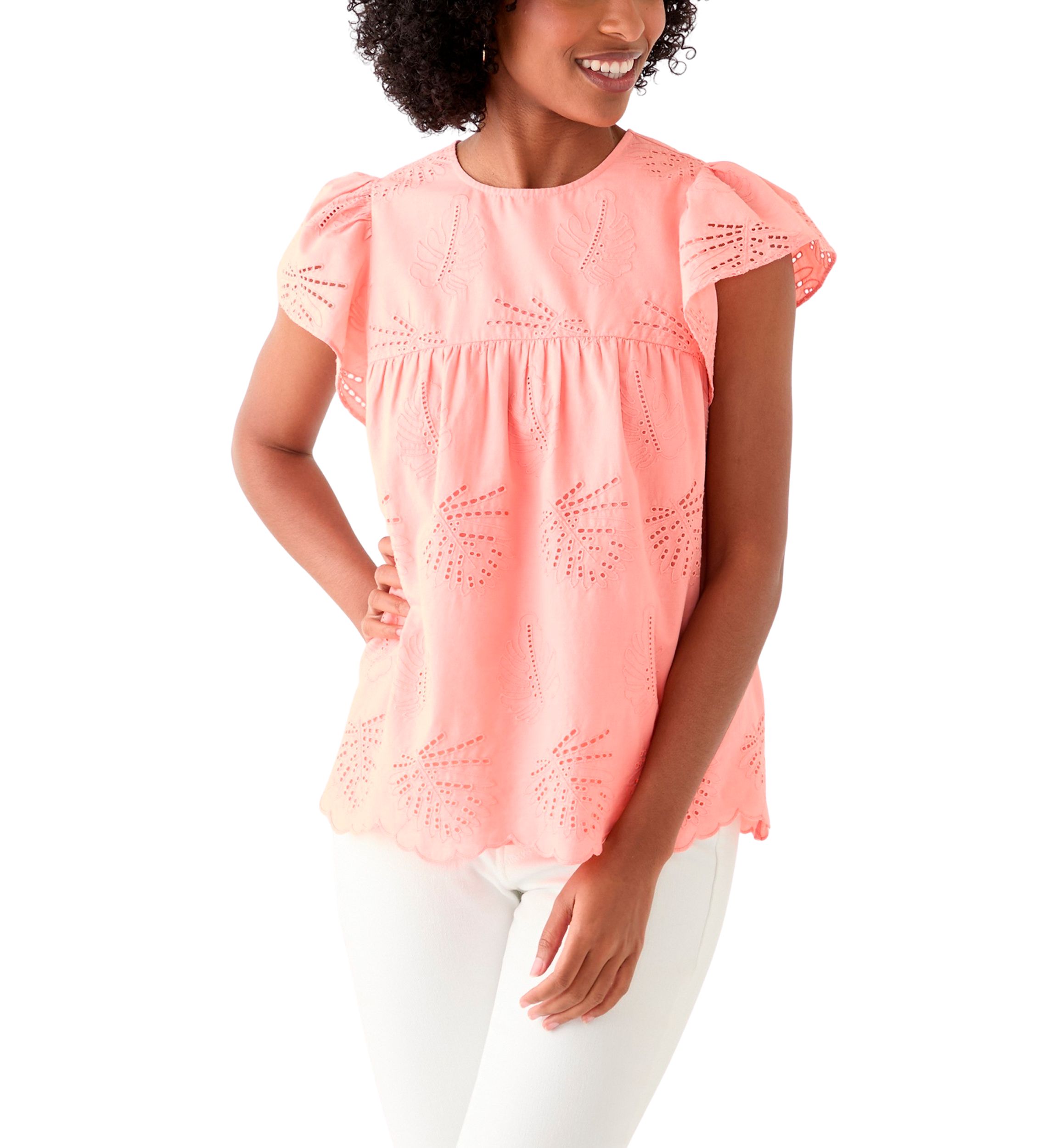 Womens Short Flutter Sleeve Embroidered Eyelet Top