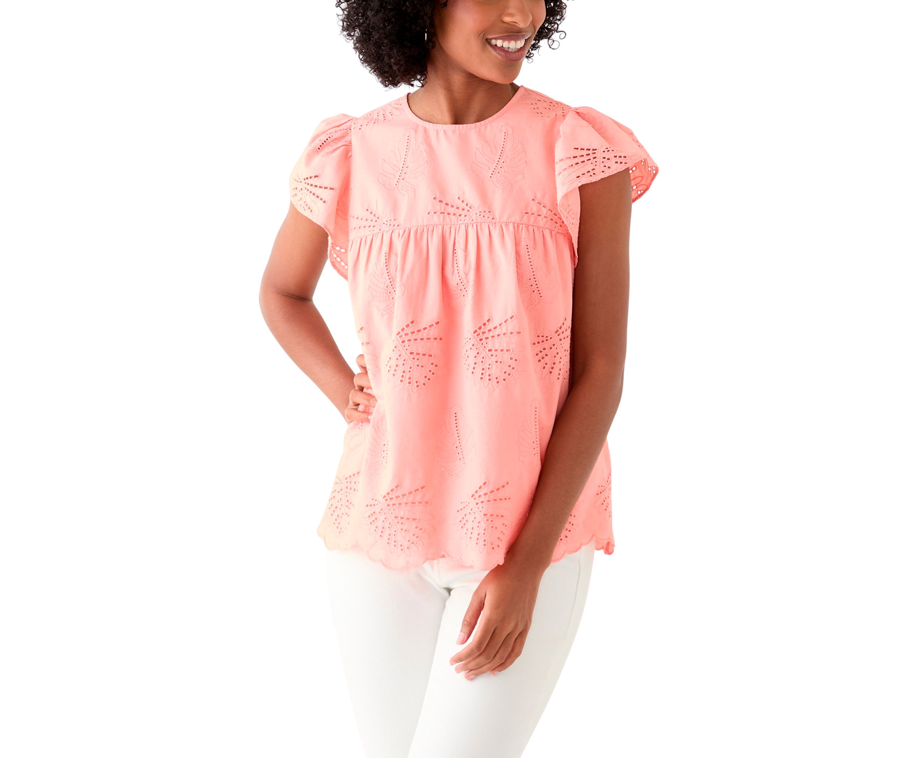 Womens Short Flutter Sleeve Embroidered Eyelet Top