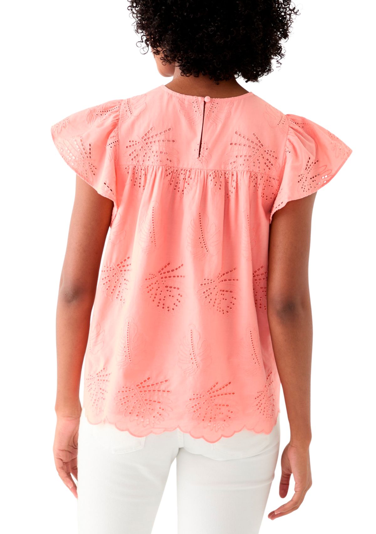 Womens Short Flutter Sleeve Embroidered Eyelet Top