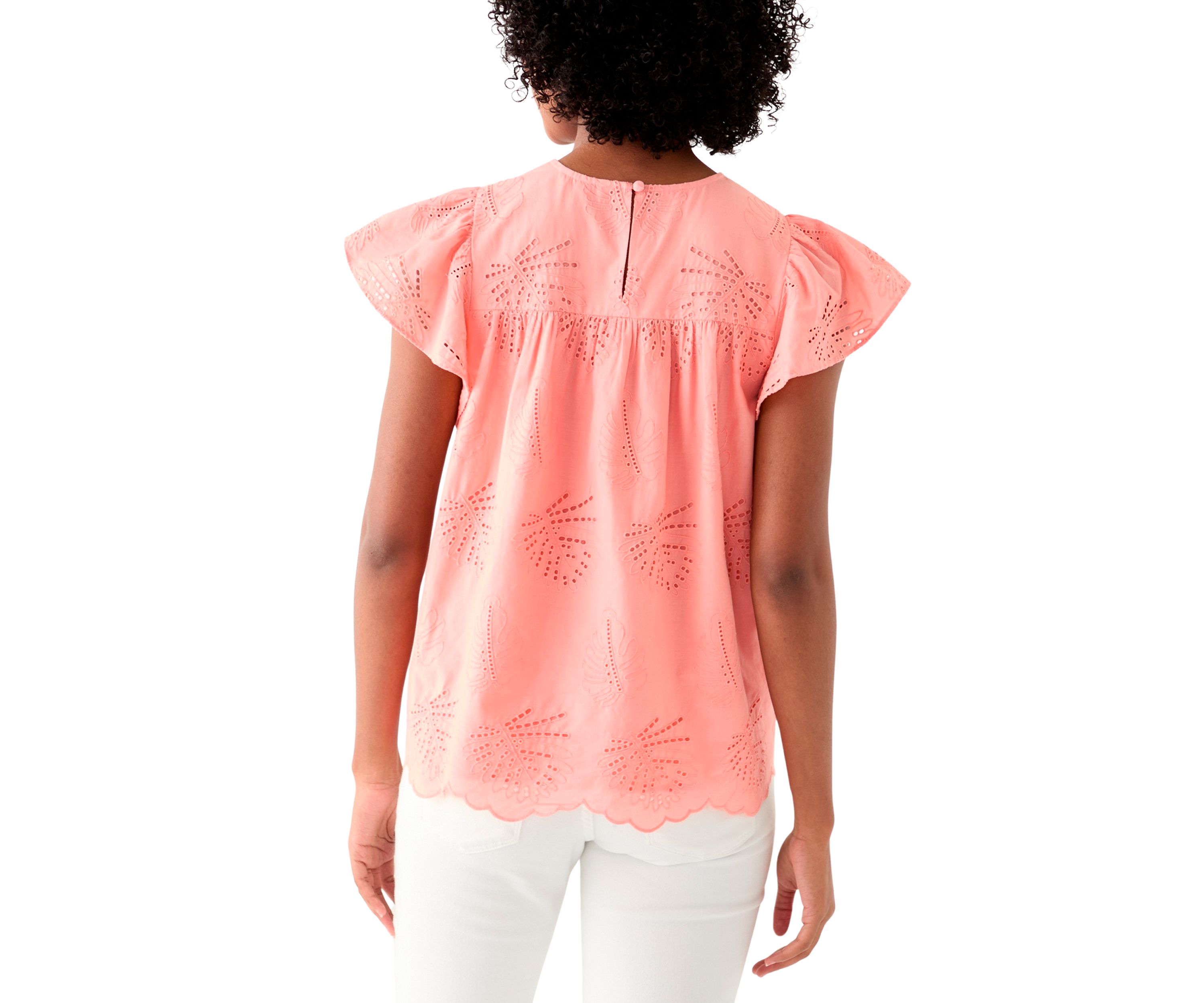 Womens Short Flutter Sleeve Embroidered Eyelet Top