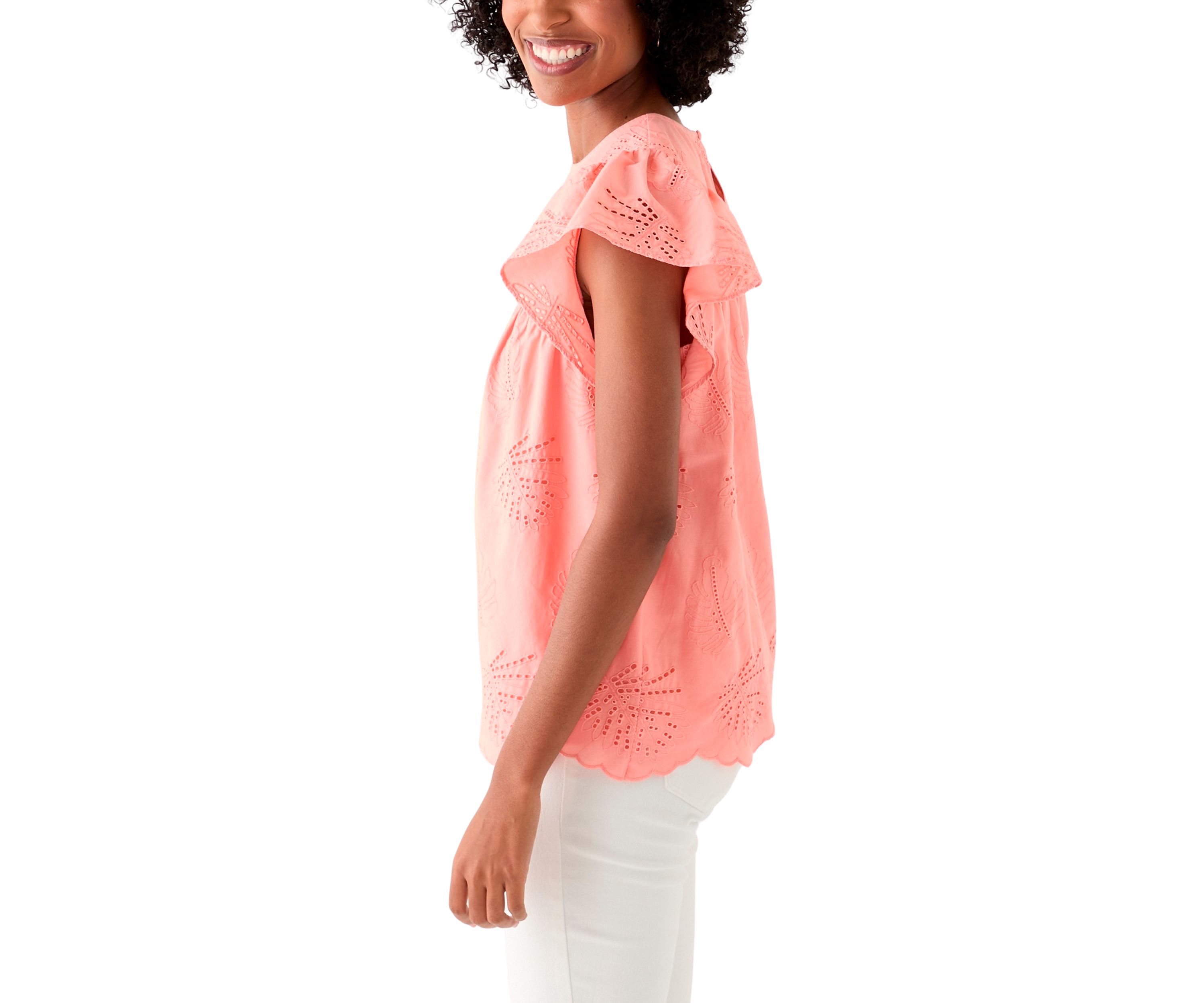 Womens Short Flutter Sleeve Embroidered Eyelet Top