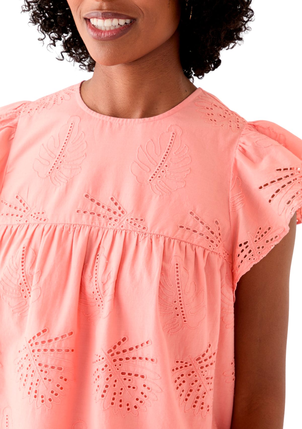 Womens Short Flutter Sleeve Embroidered Eyelet Top