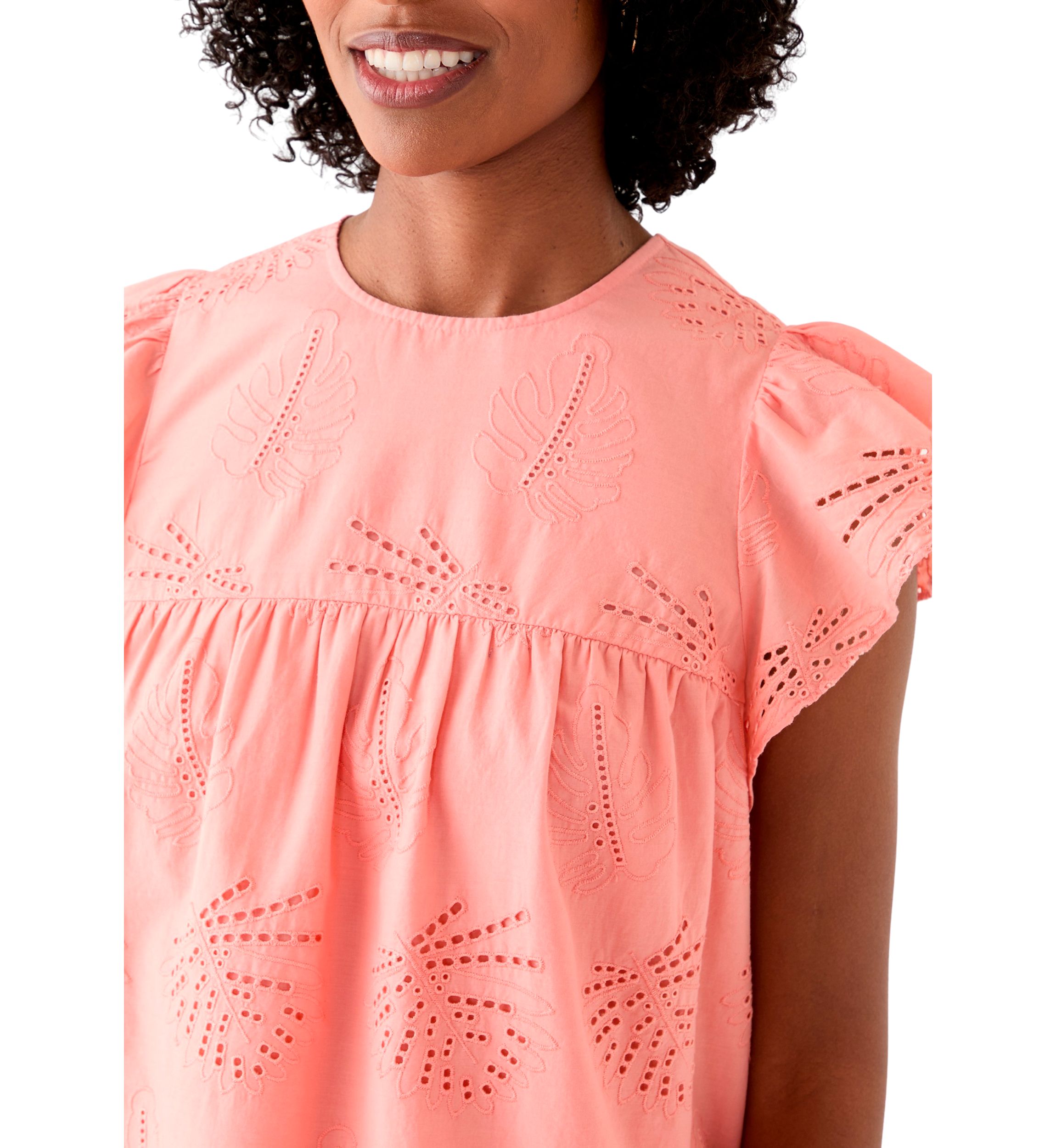 Womens Short Flutter Sleeve Embroidered Eyelet Top
