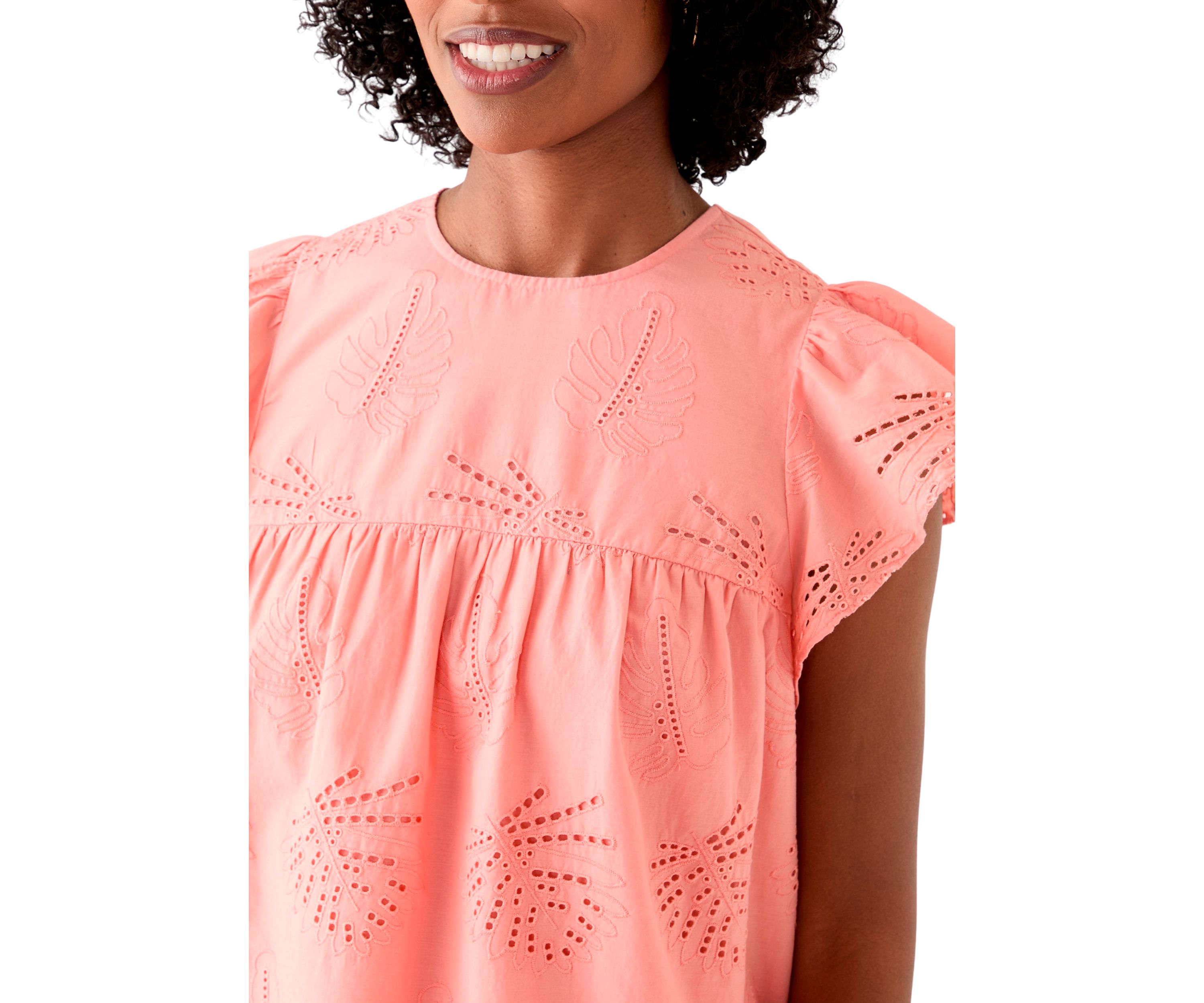 Womens Short Flutter Sleeve Embroidered Eyelet Top