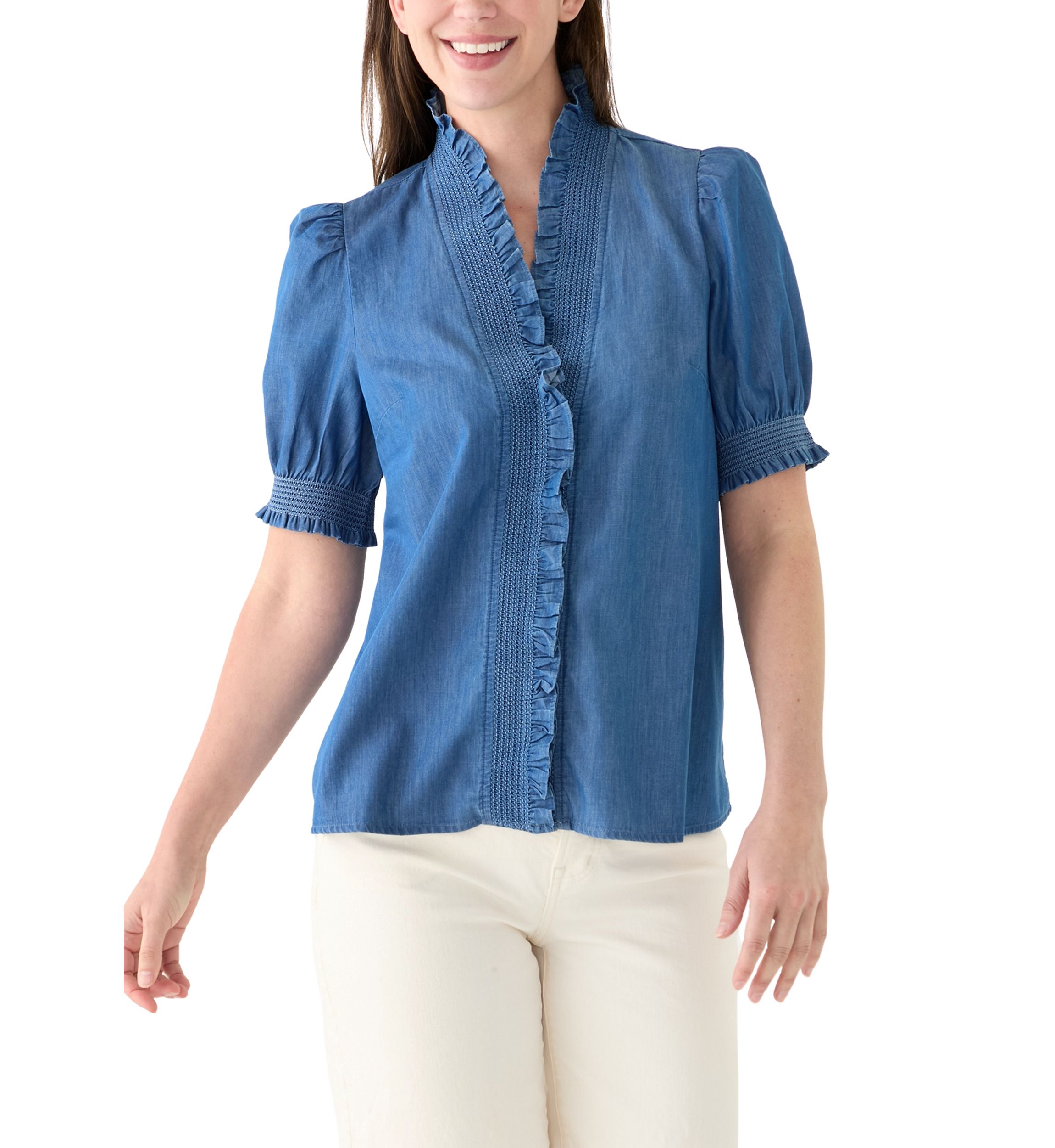 Womens Smocked Ruffle Neck Top 