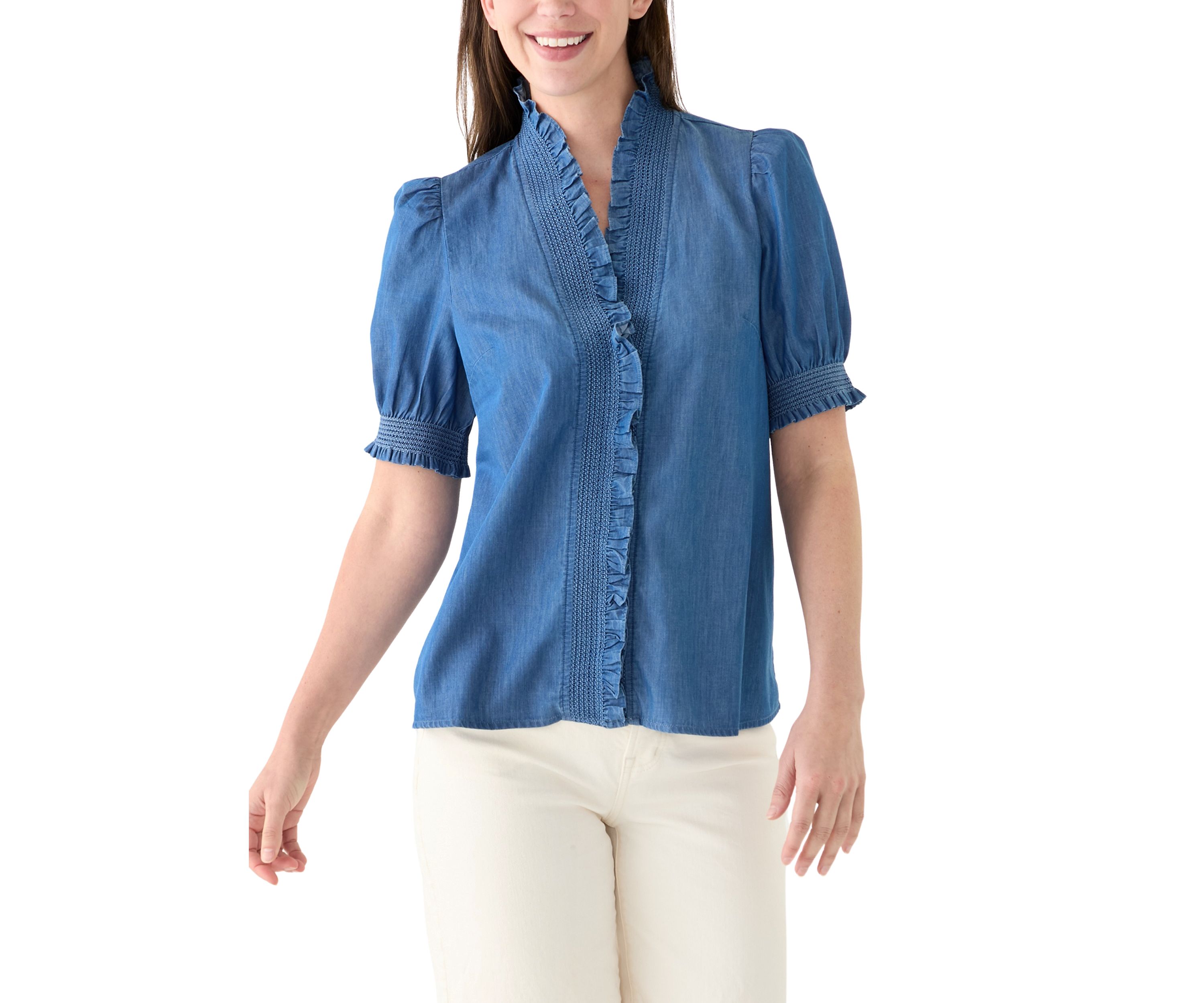 Womens Smocked Ruffle Neck Top 