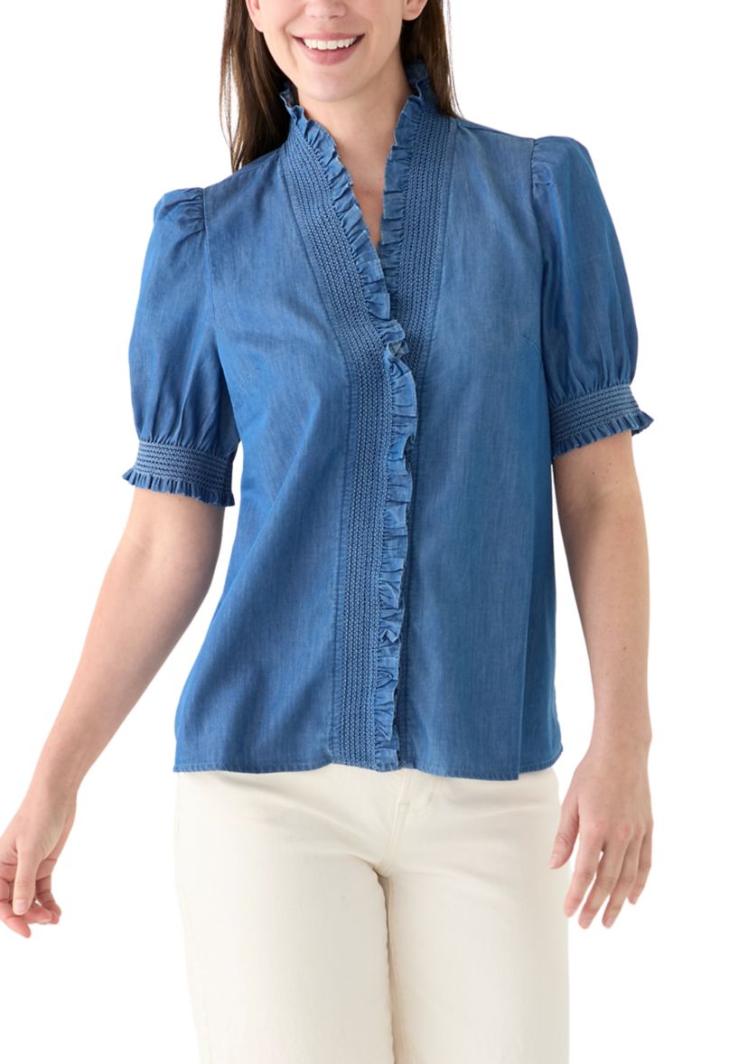 Womens Smocked Ruffle Neck Top 