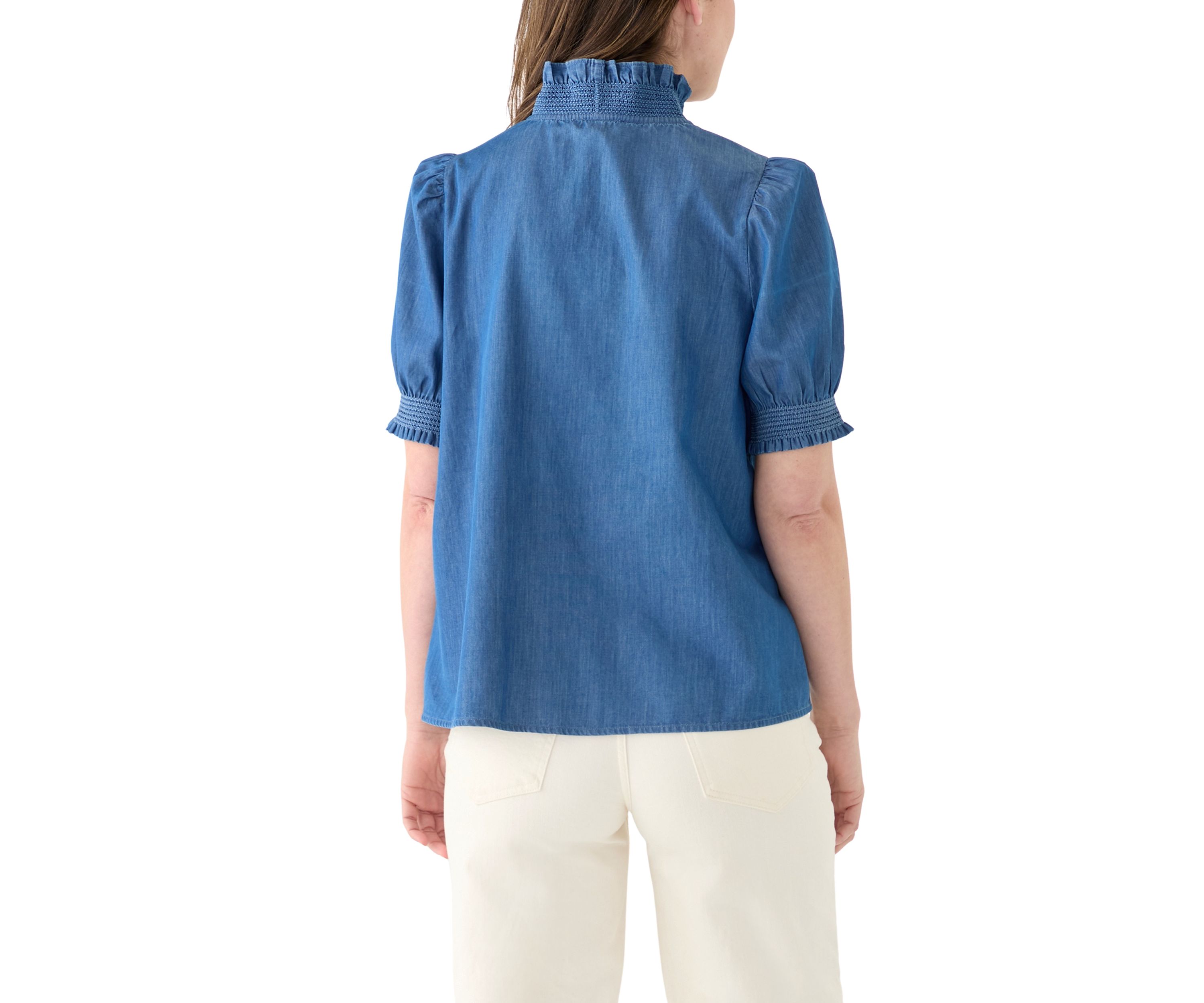 Womens Smocked Ruffle Neck Top 