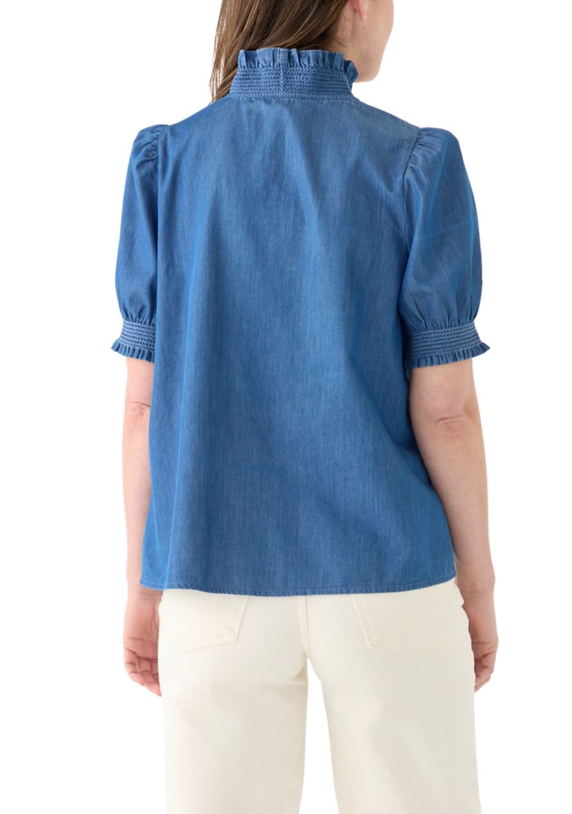 Womens Smocked Ruffle Neck Top 