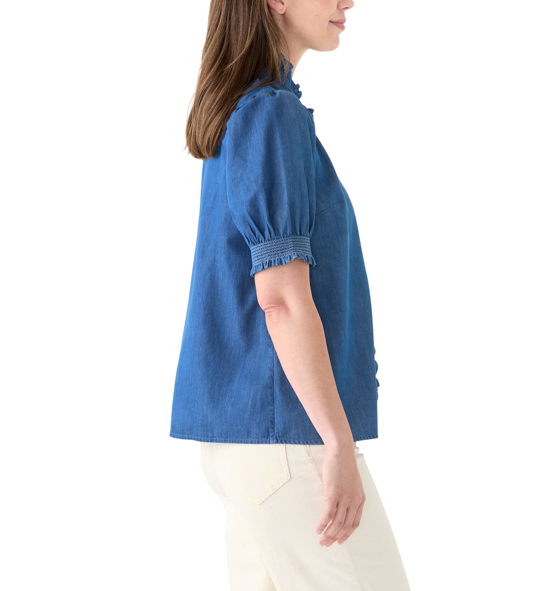 Womens Smocked Ruffle Neck Top 