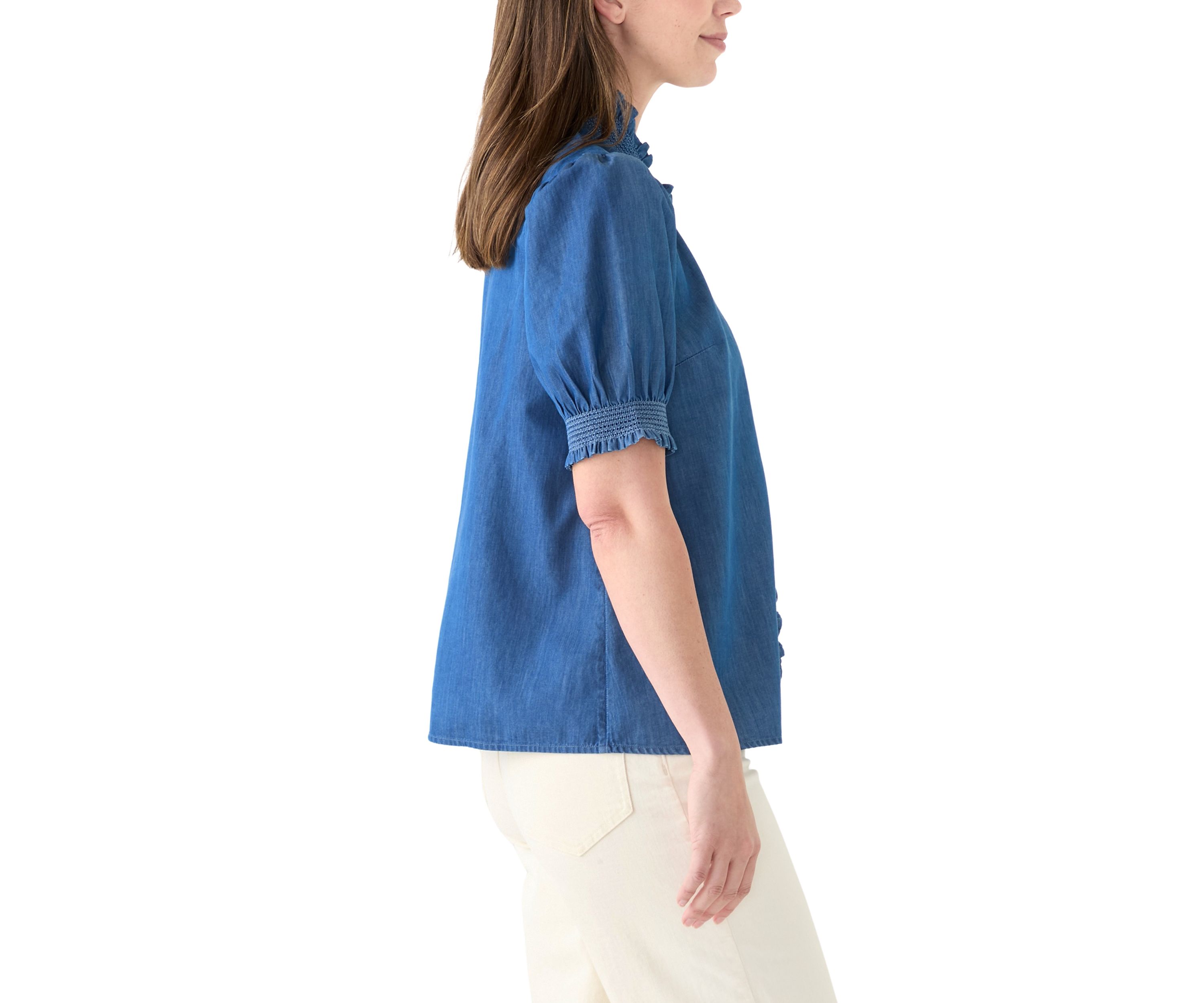 Womens Smocked Ruffle Neck Top 