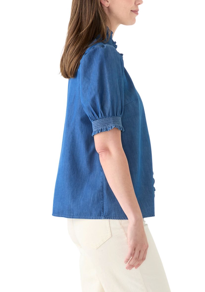 Womens Smocked Ruffle Neck Top 