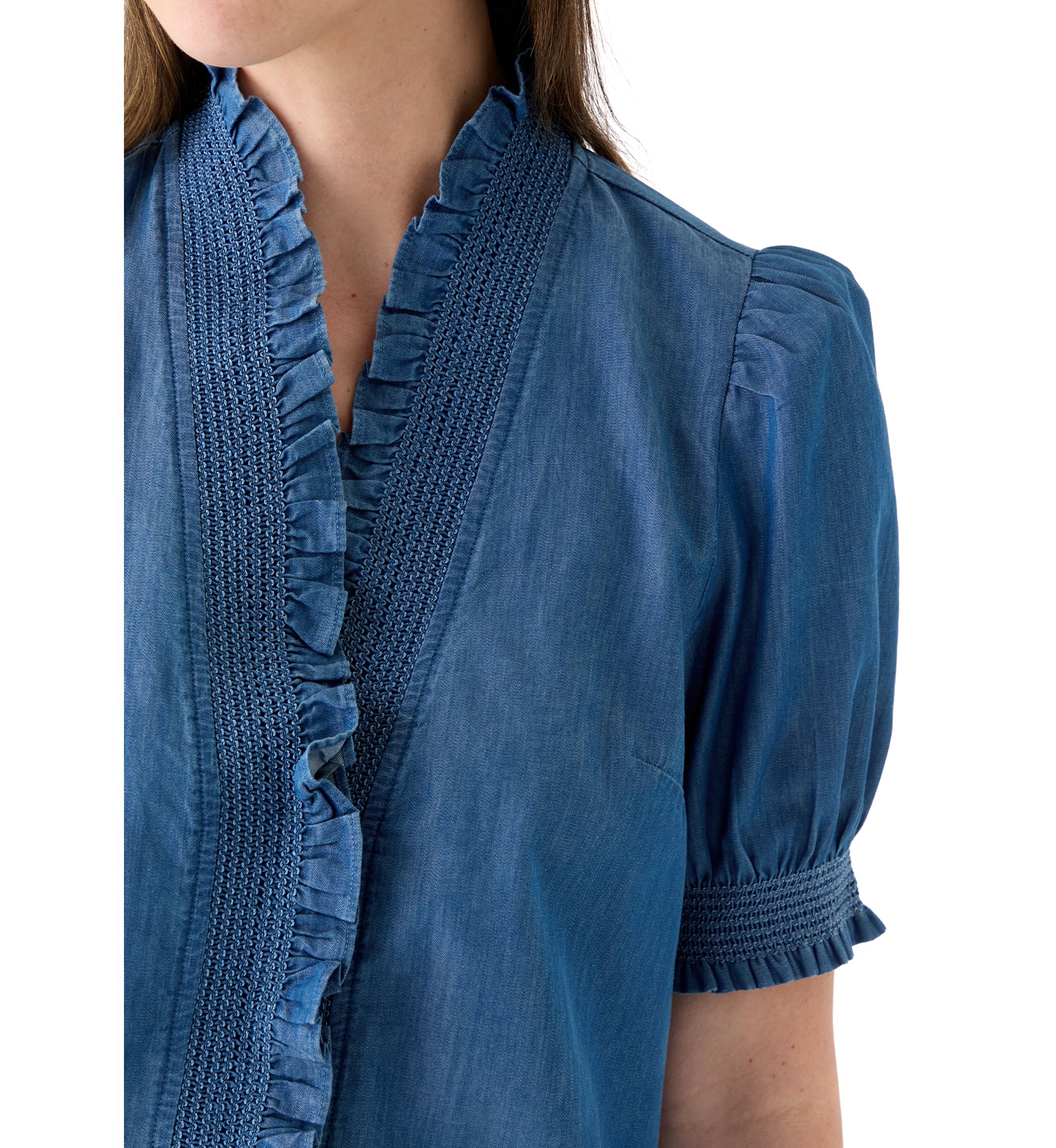 Womens Smocked Ruffle Neck Top 