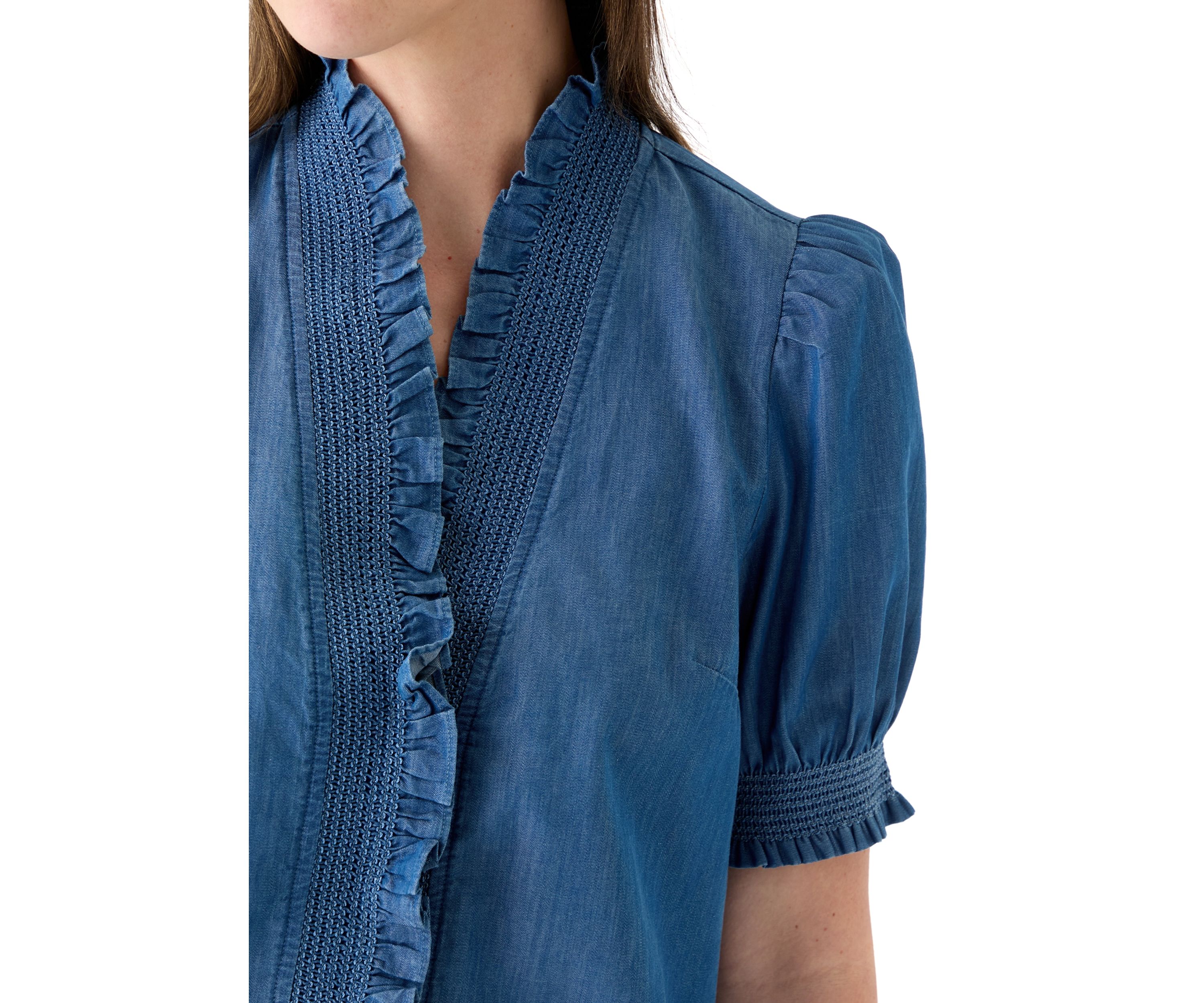 Womens Smocked Ruffle Neck Top 
