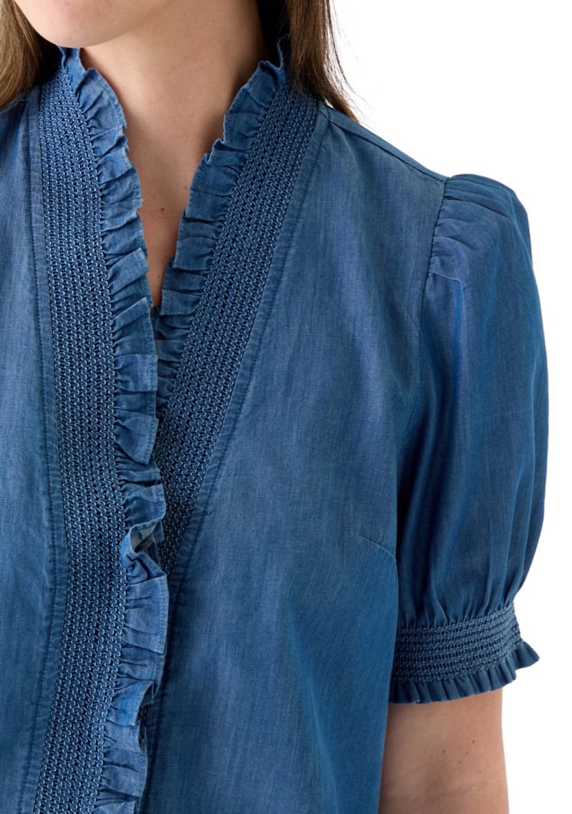 Womens Smocked Ruffle Neck Top 