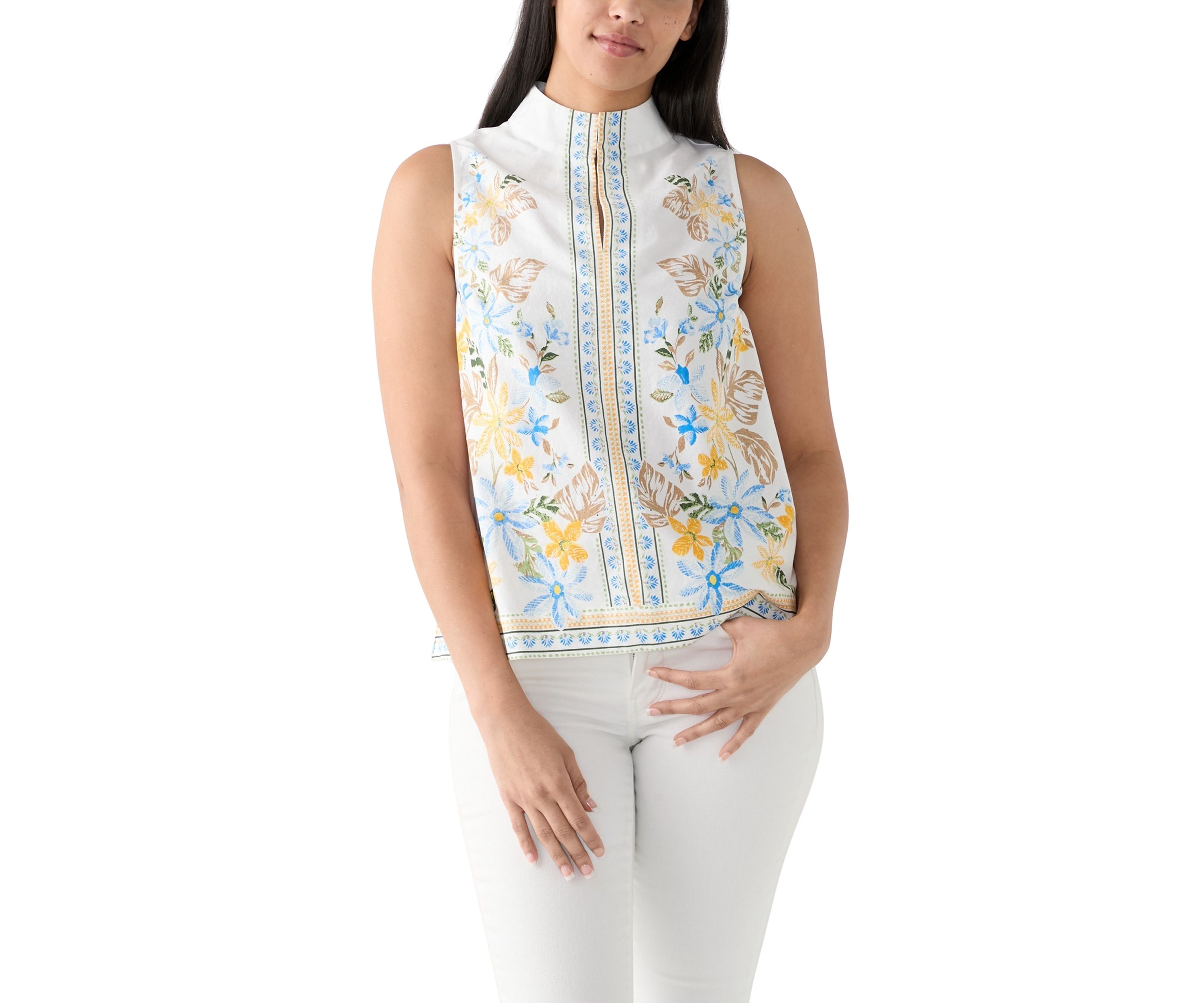 Womens Sleeveless Swing Split Neck Printed Top