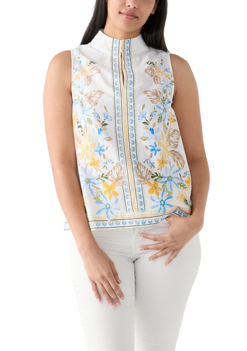 Womens Sleeveless Swing Split Neck Printed Top
