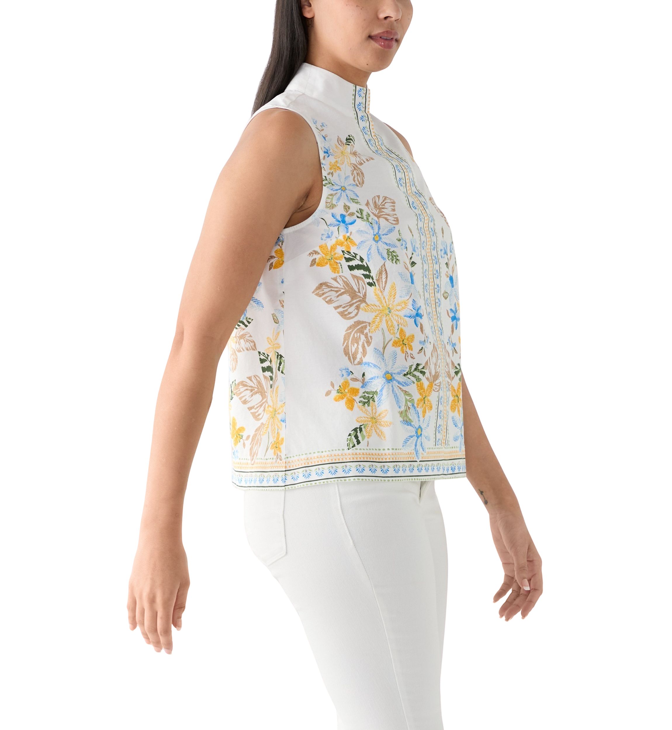 Womens Sleeveless Swing Split Neck Printed Top