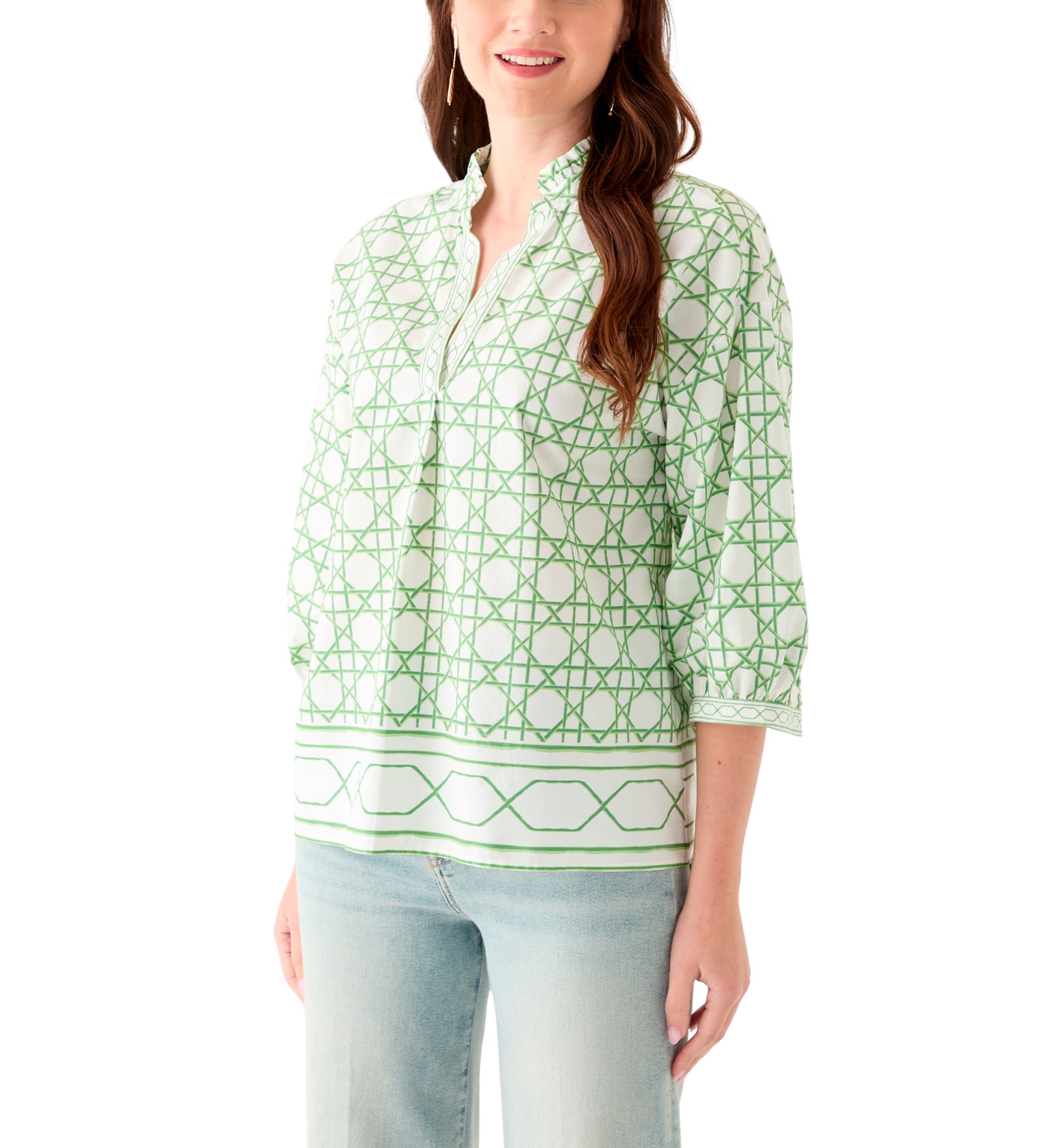 Womens 3/4 Sleeve Ruffle Neck Printed Blouse
