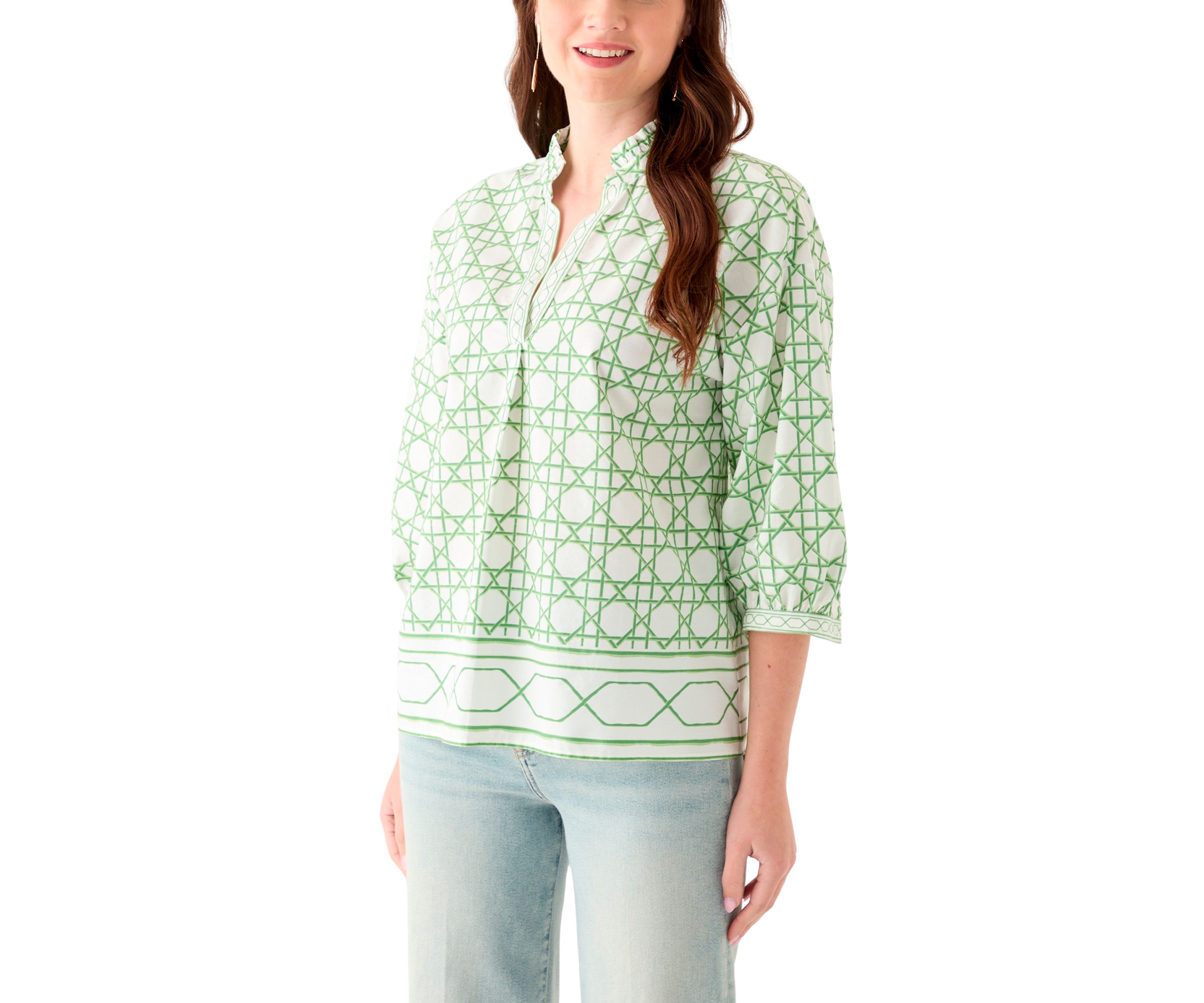 Womens 3/4 Sleeve Ruffle Neck Printed Blouse