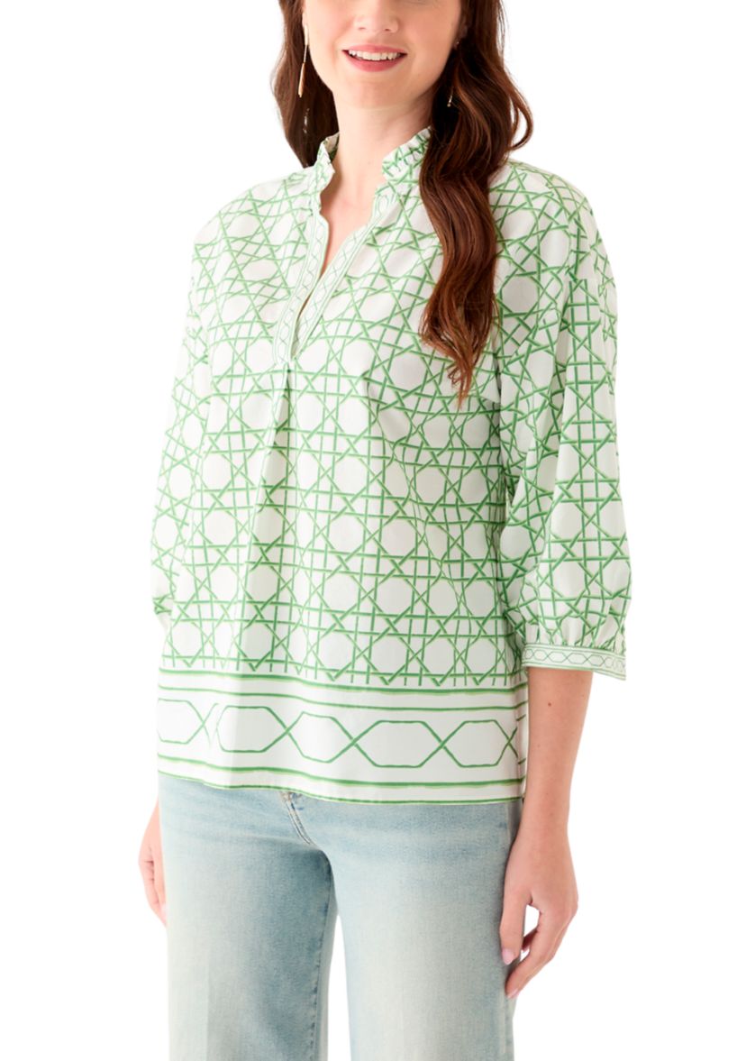 Womens 3/4 Sleeve Ruffle Neck Printed Blouse