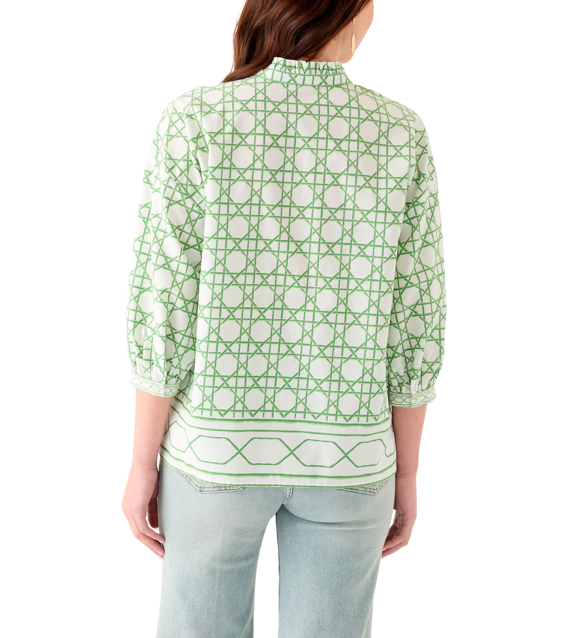 Womens 3/4 Sleeve Ruffle Neck Printed Blouse