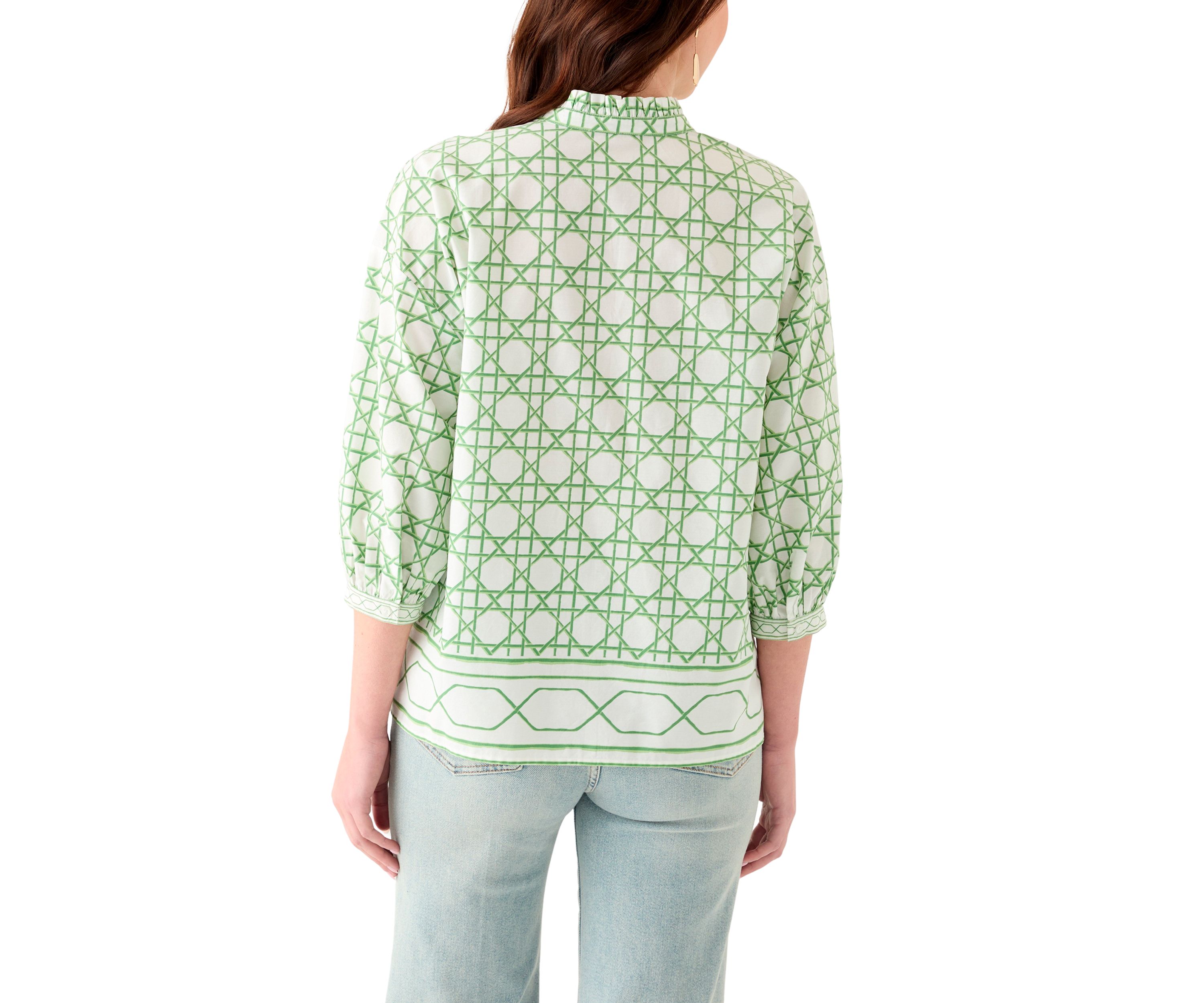 Womens 3/4 Sleeve Ruffle Neck Printed Blouse