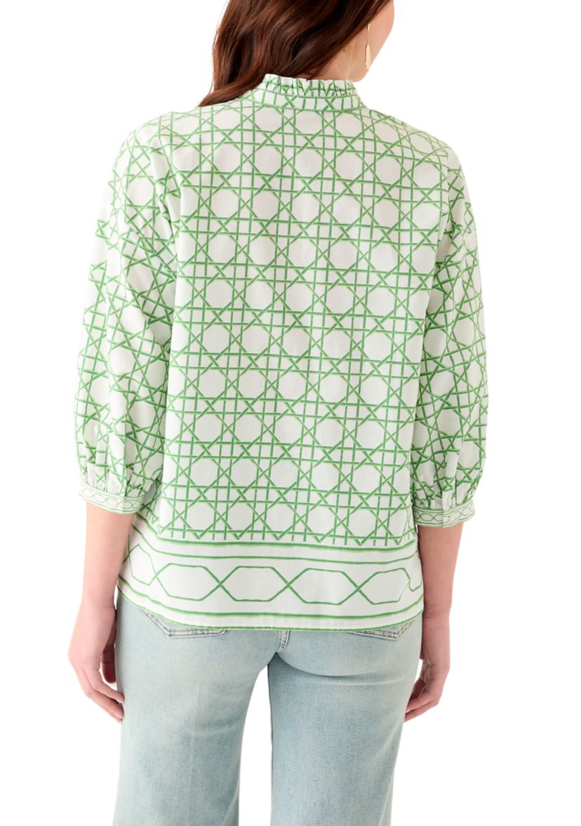 Womens 3/4 Sleeve Ruffle Neck Printed Blouse