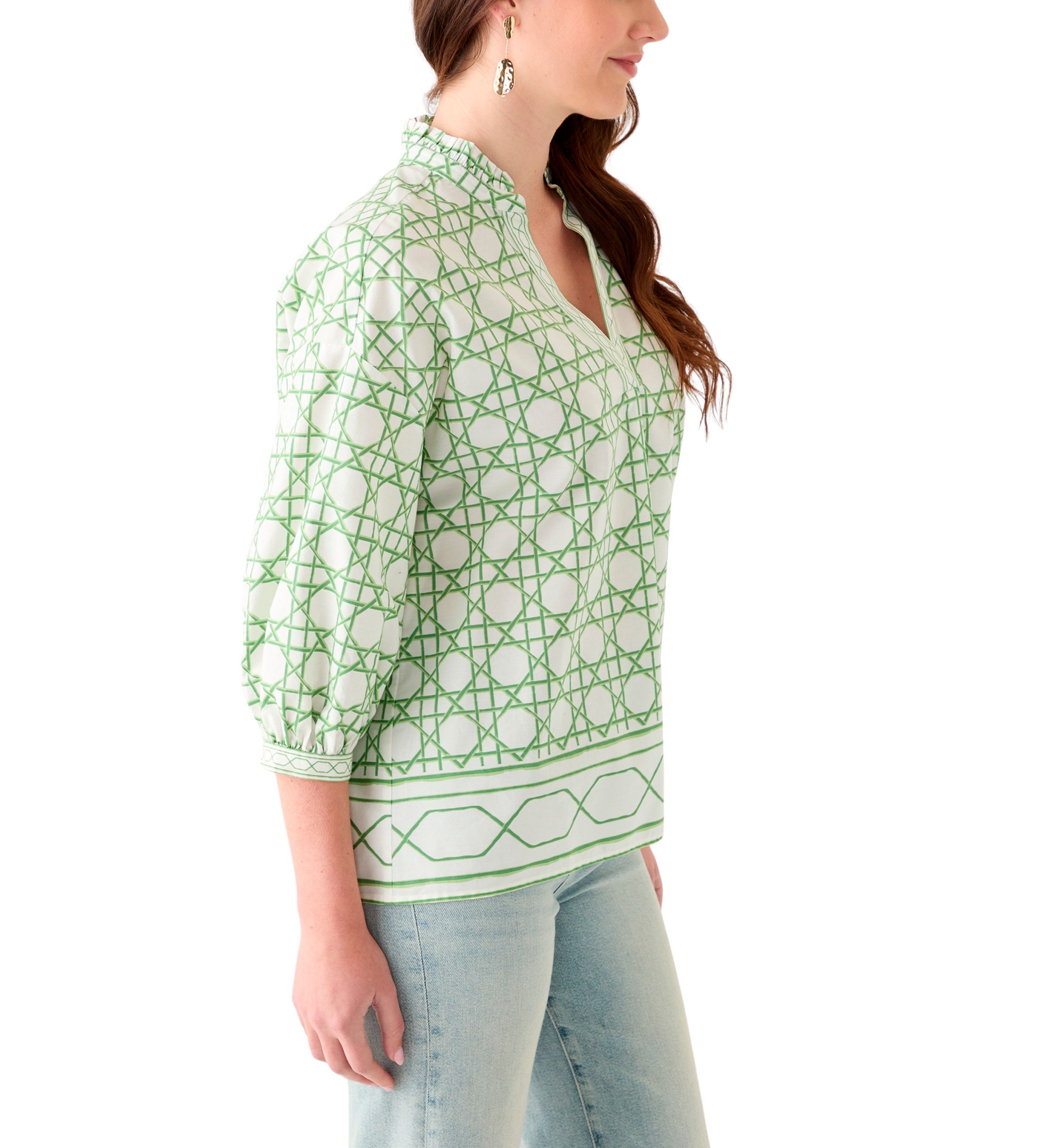 Womens 3/4 Sleeve Ruffle Neck Printed Blouse