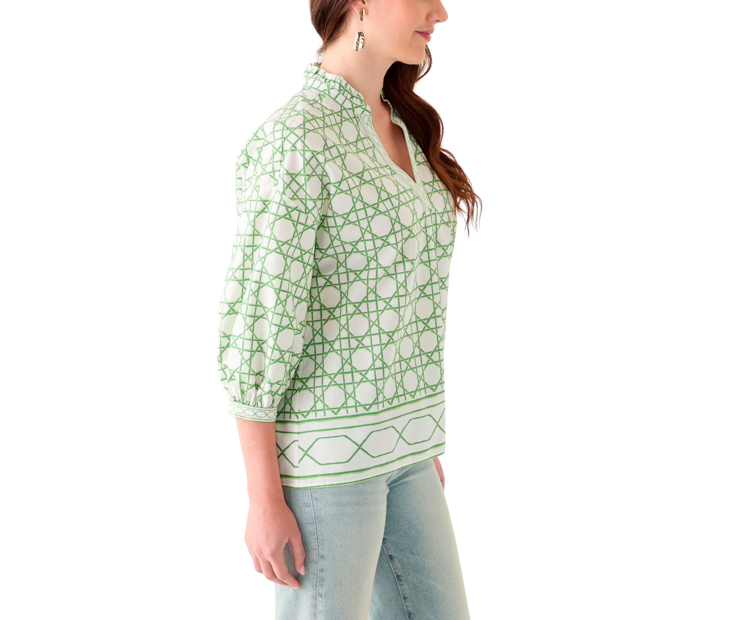 Womens 3/4 Sleeve Ruffle Neck Printed Blouse