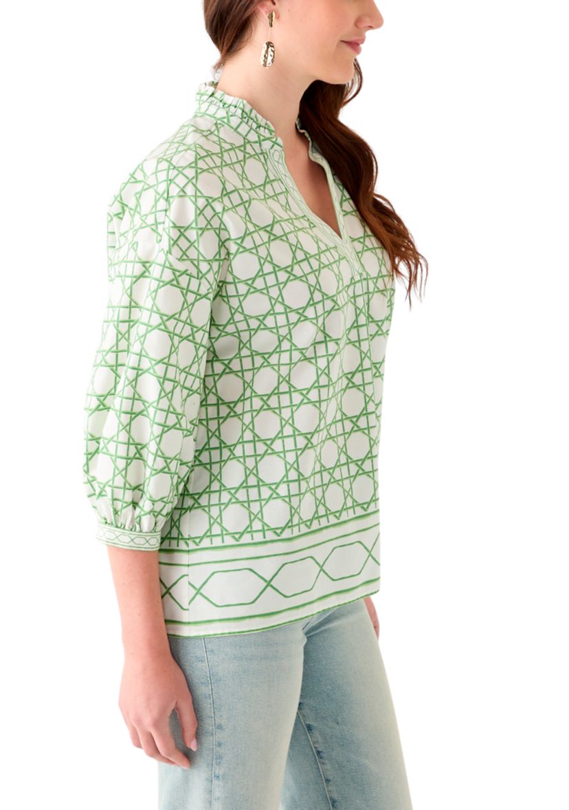 Womens 3/4 Sleeve Ruffle Neck Printed Blouse