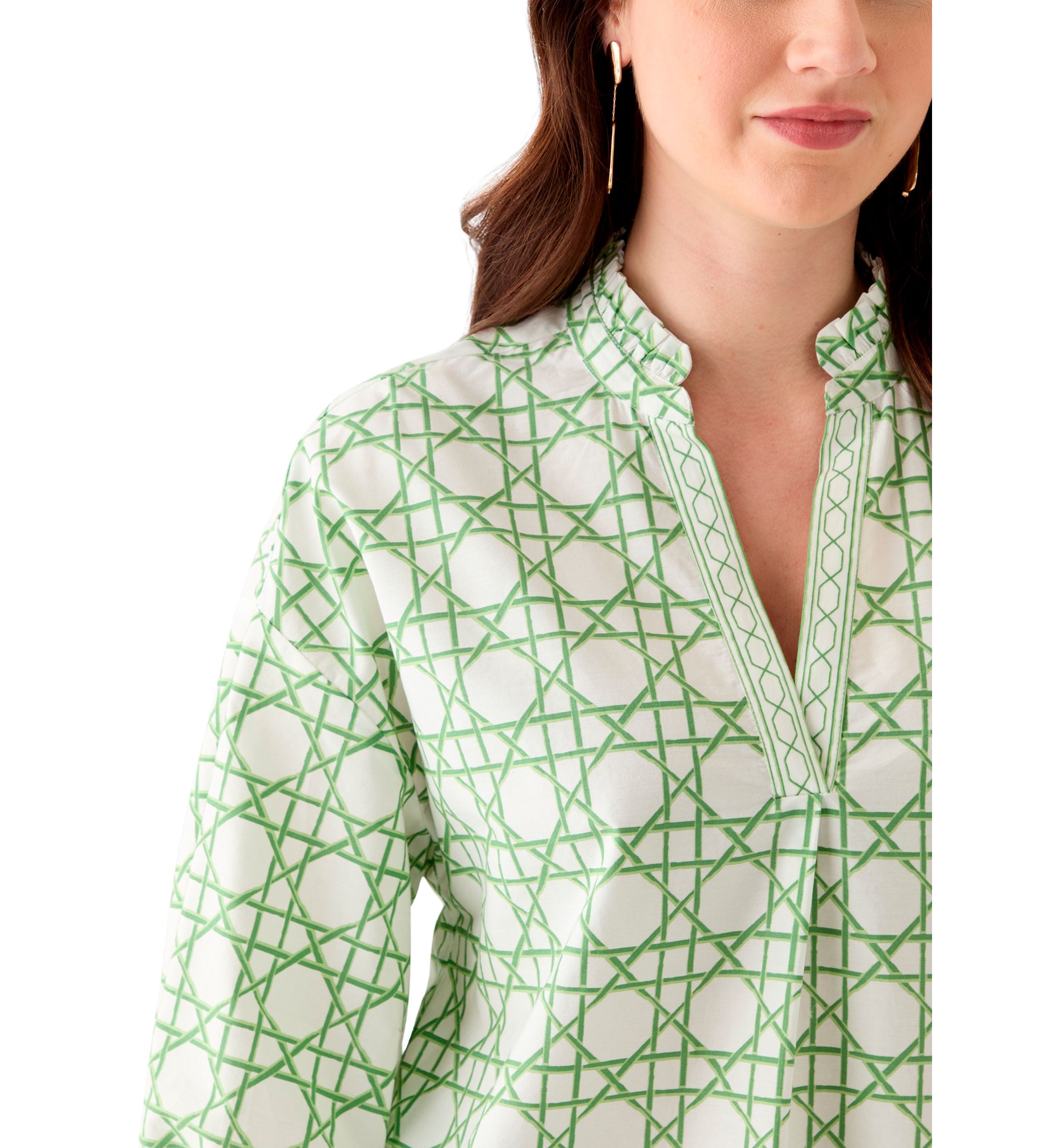 Womens 3/4 Sleeve Ruffle Neck Printed Blouse