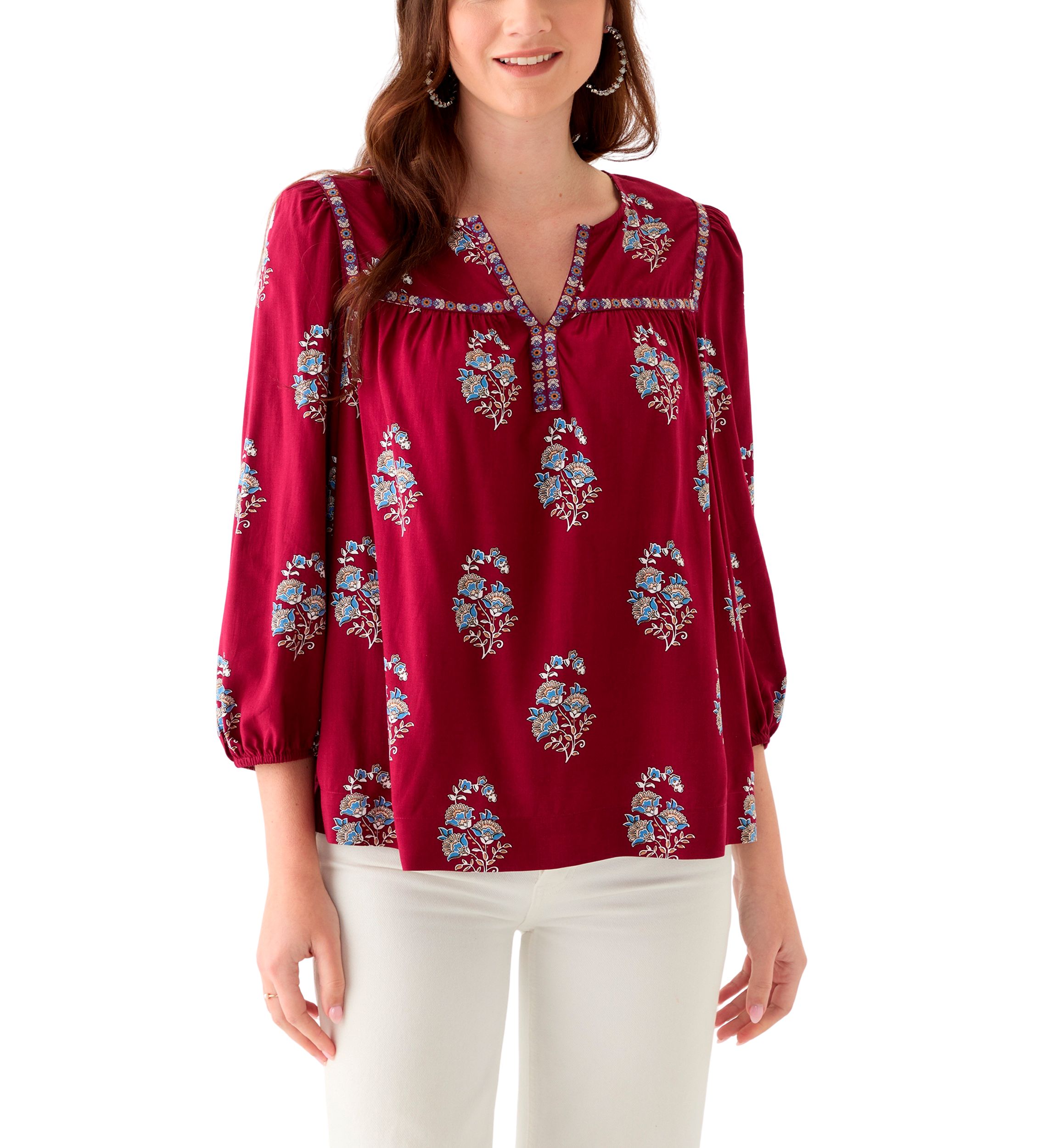 Womens 3/4 Sleeve Split Neck Top