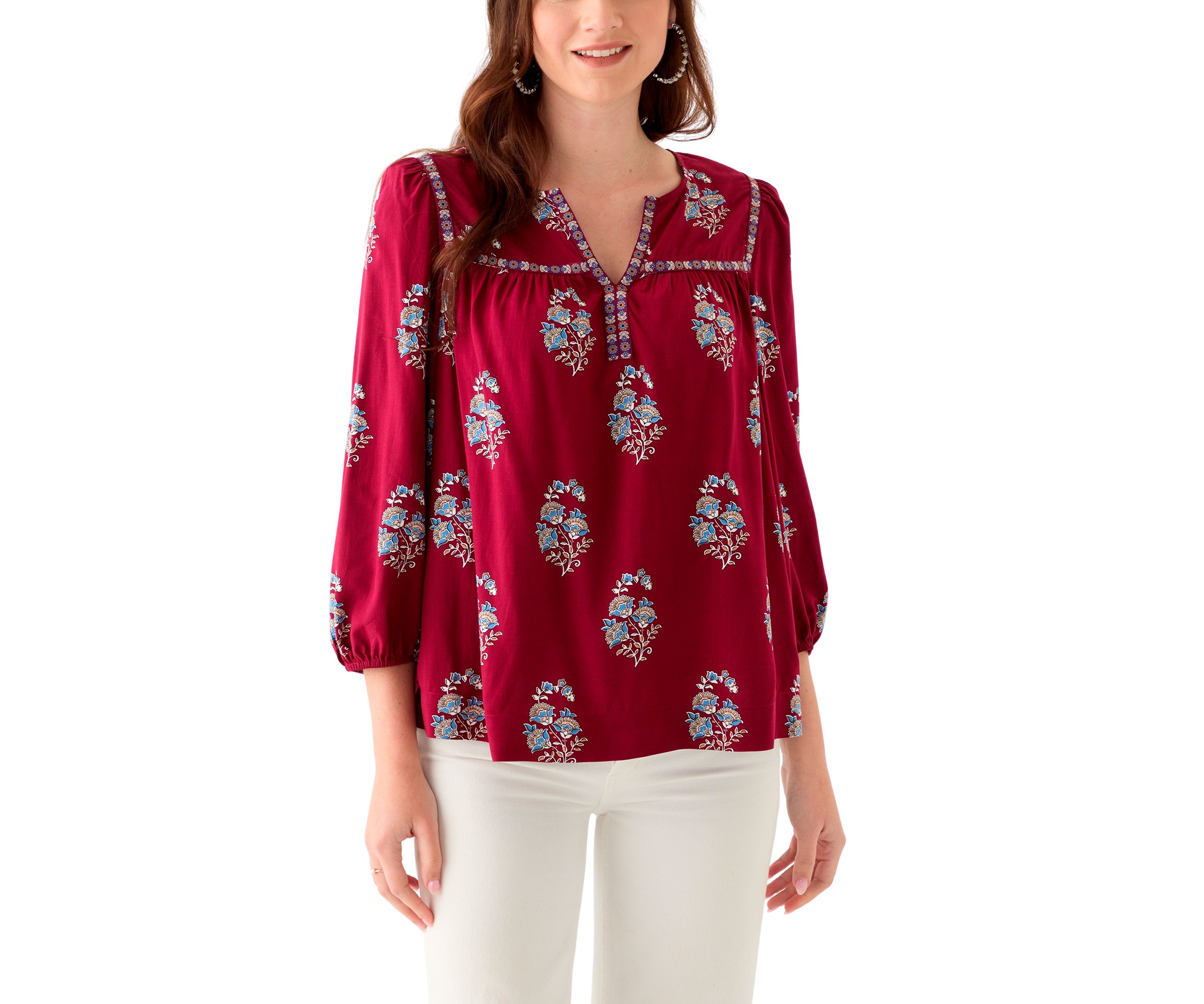 Womens 3/4 Sleeve Split Neck Top