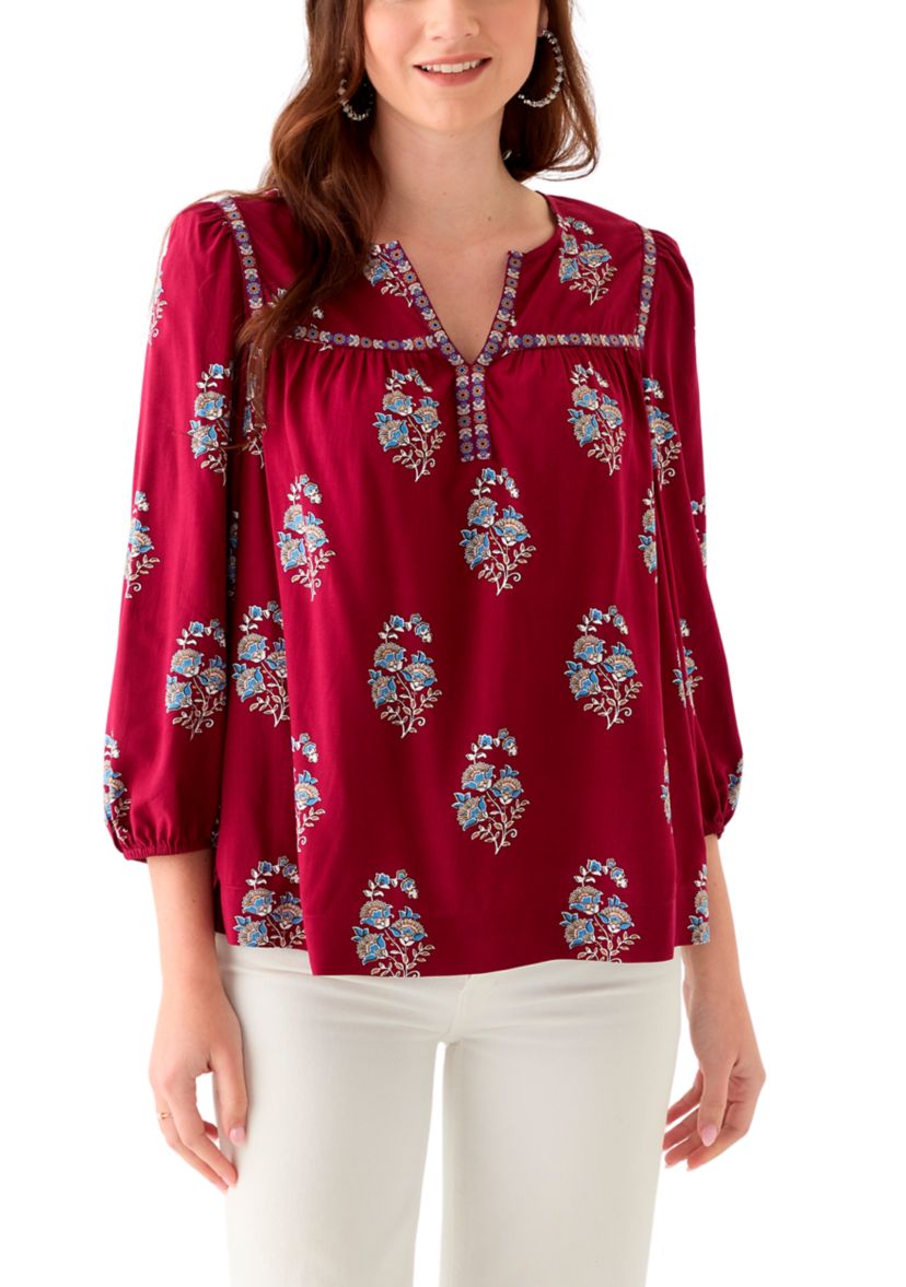 Womens 3/4 Sleeve Split Neck Top