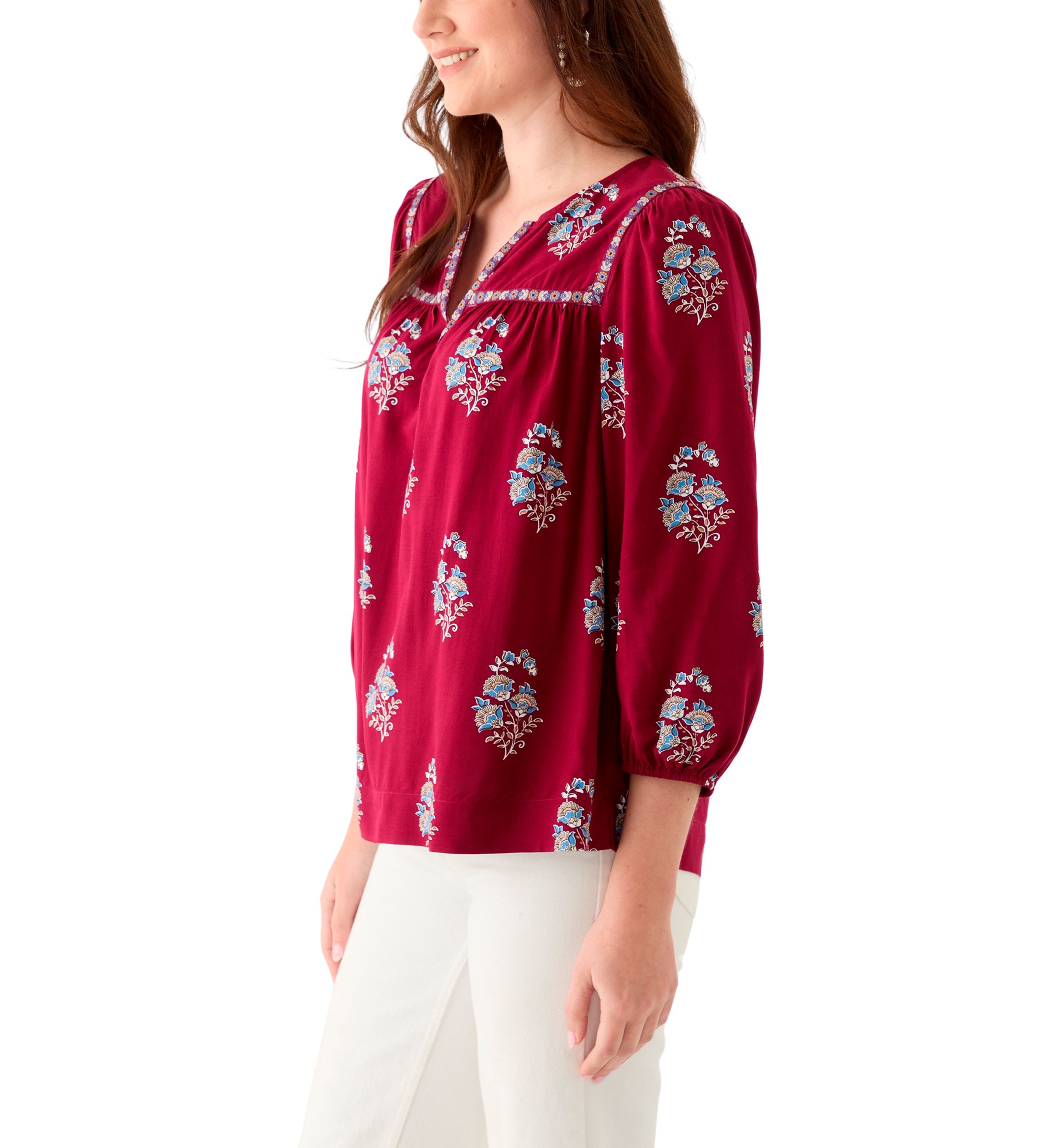 Womens 3/4 Sleeve Split Neck Top