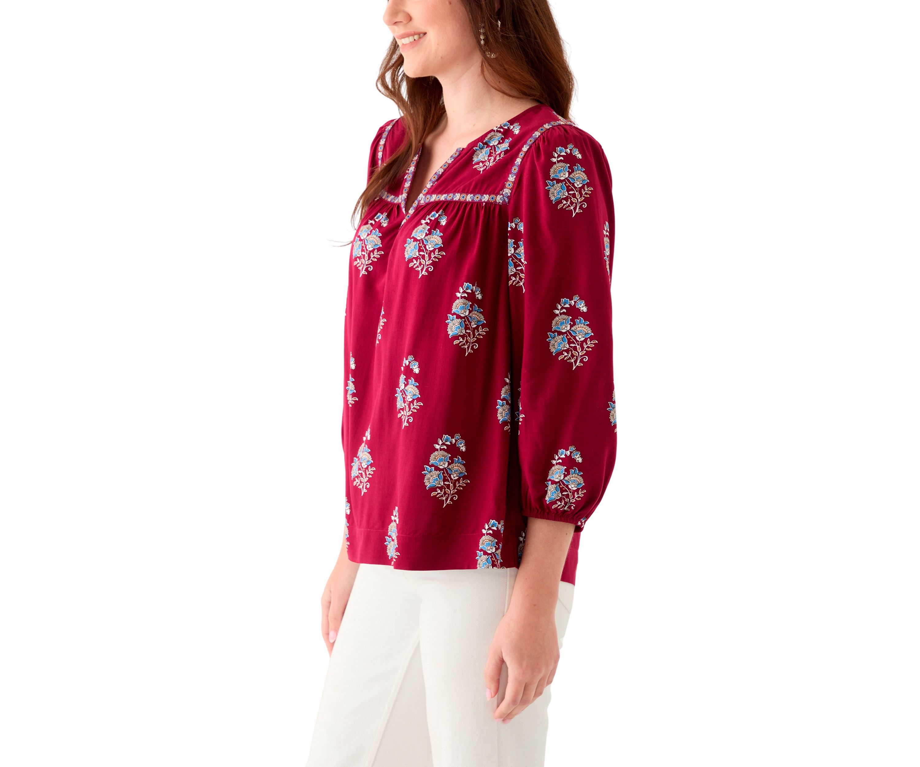 Womens 3/4 Sleeve Split Neck Top