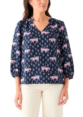 Crown & Ivy Women's 3/4 Sleeve Shirred Shoulder Printed Peasant Top