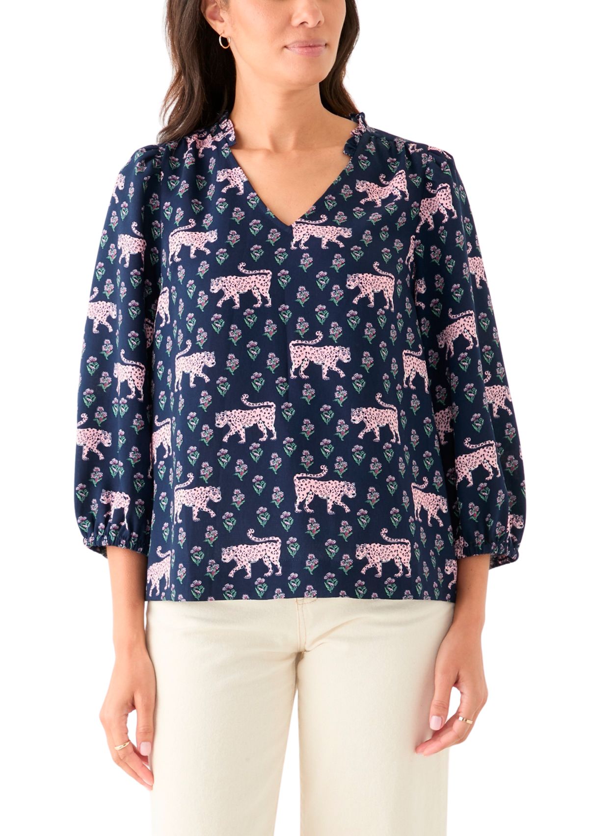 Womens 3/4 Sleeve Shirred Shoulder Printed Peasant Top