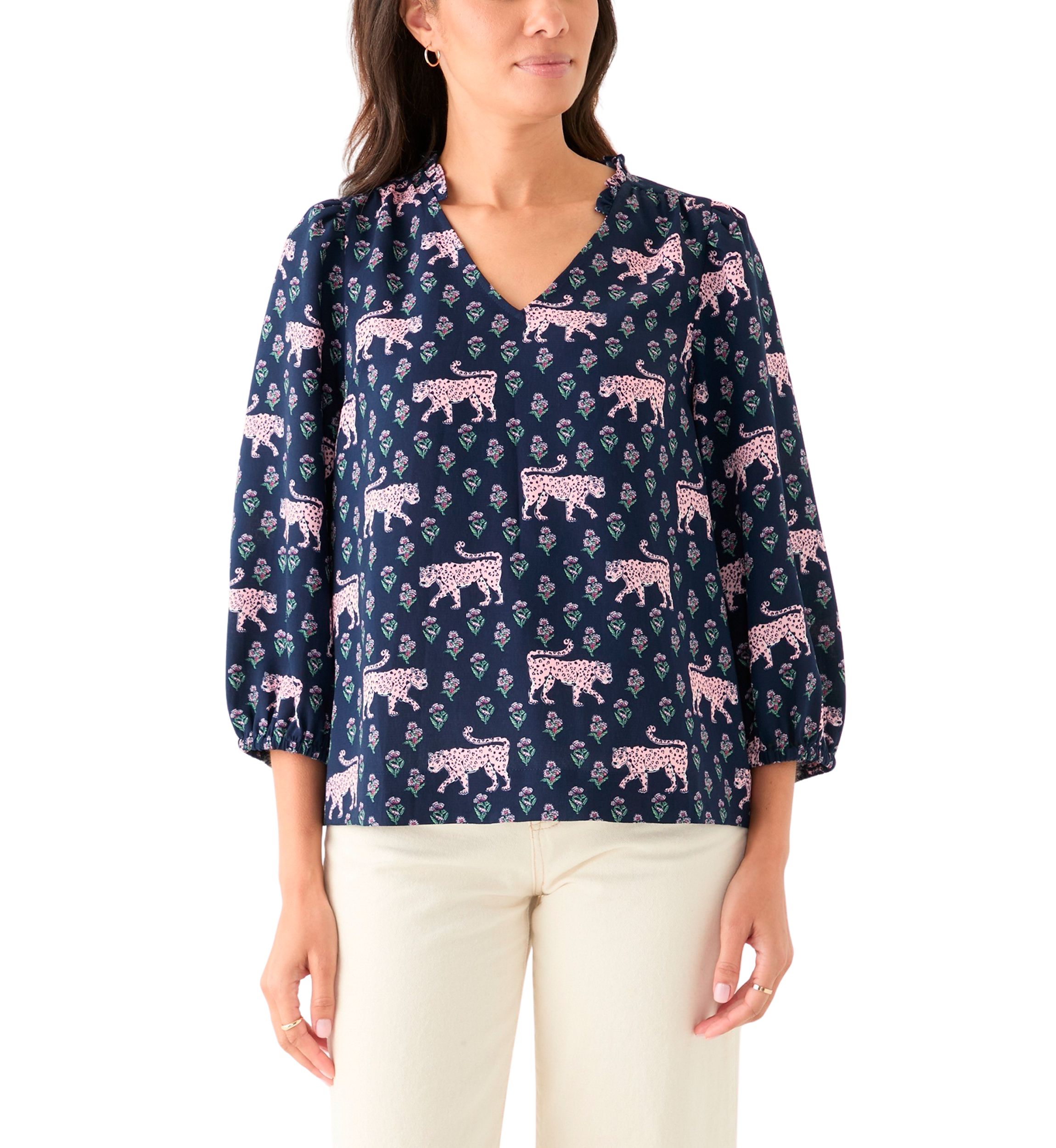 Womens 3/4 Sleeve Shirred Shoulder Printed Peasant Top